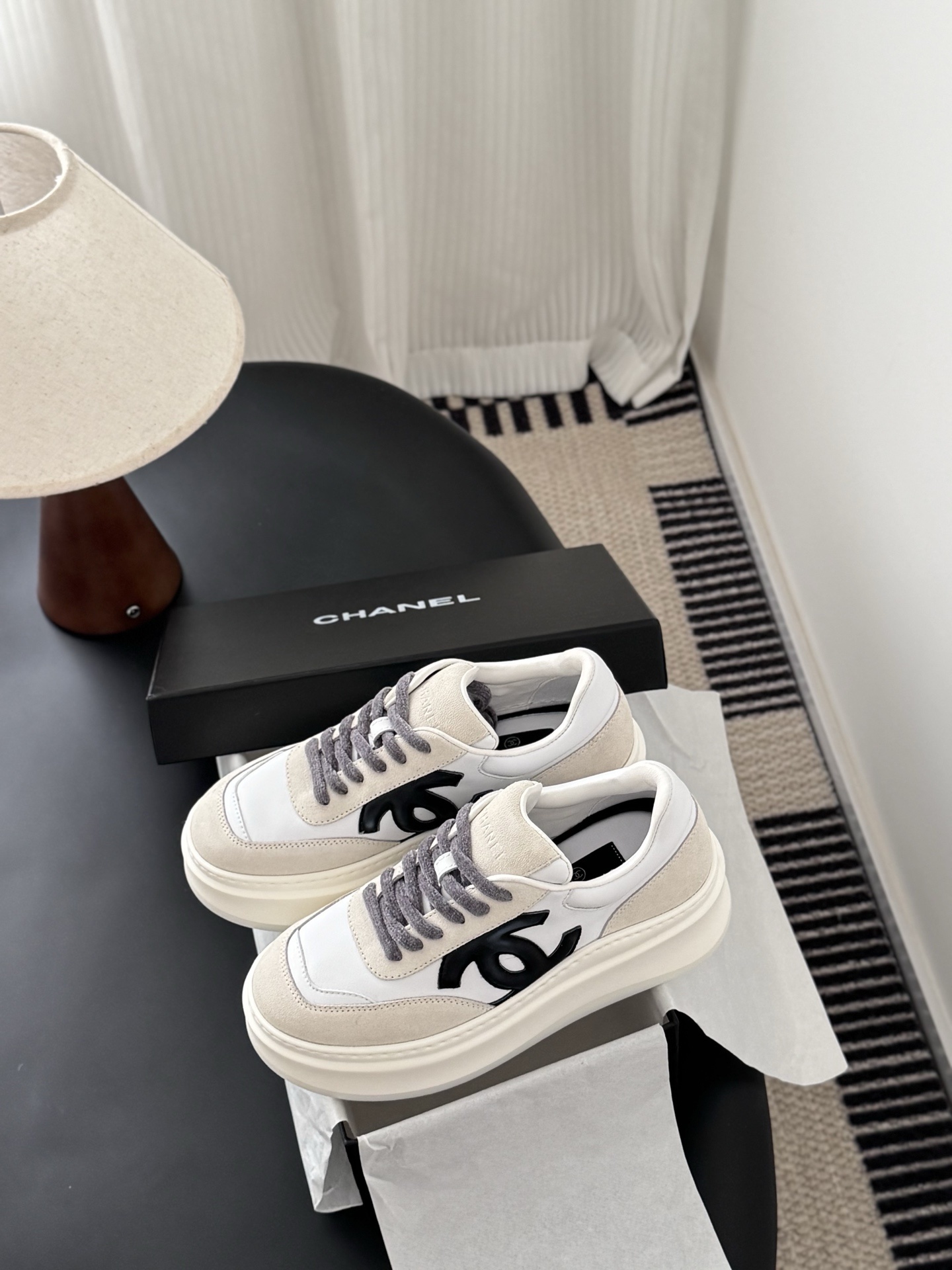 Chanel White & Beige Leather Platform Sneakers - Luxury Chunky Shoes