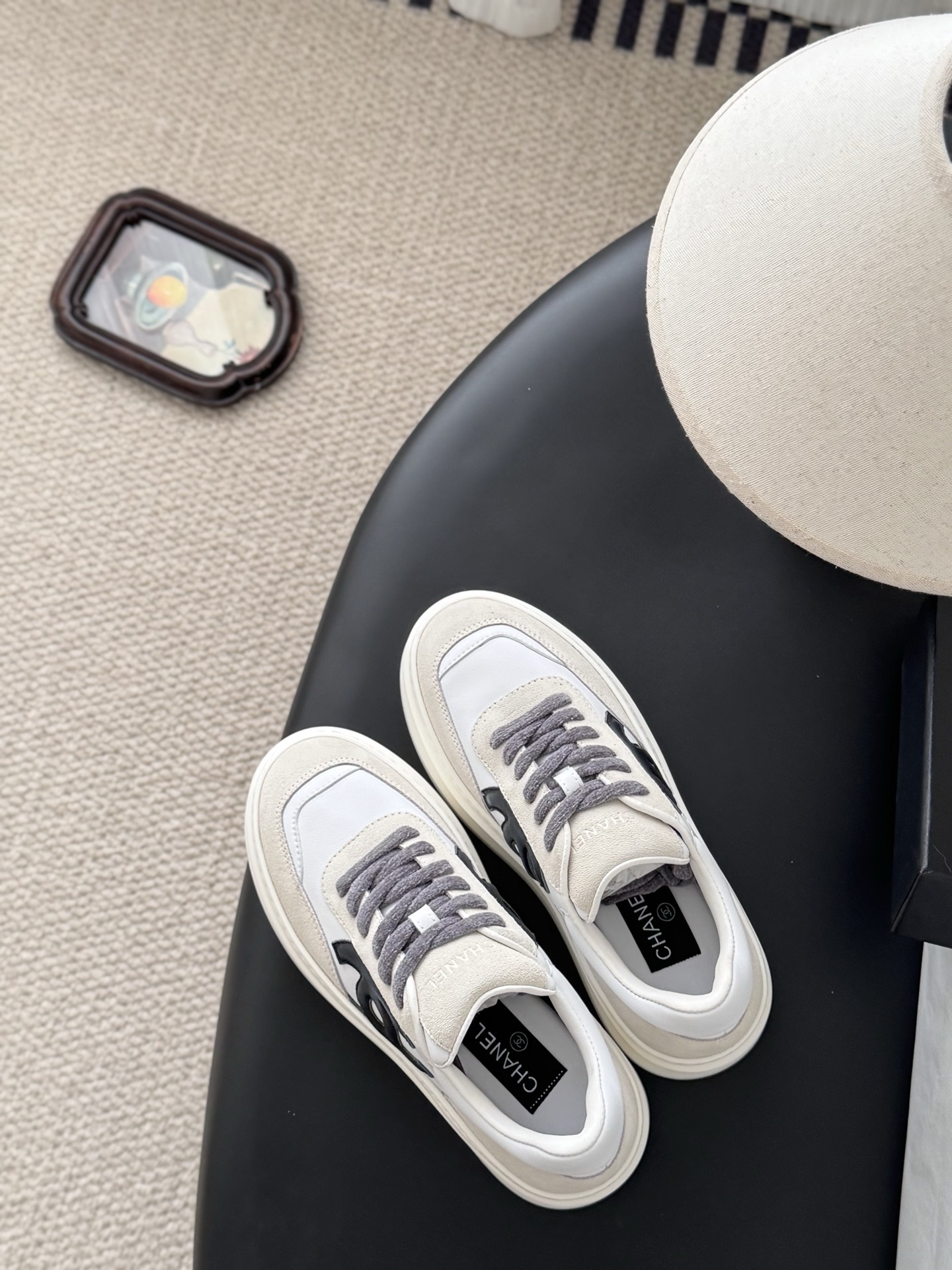 Chanel White & Beige Leather Platform Sneakers - Luxury Chunky Shoes