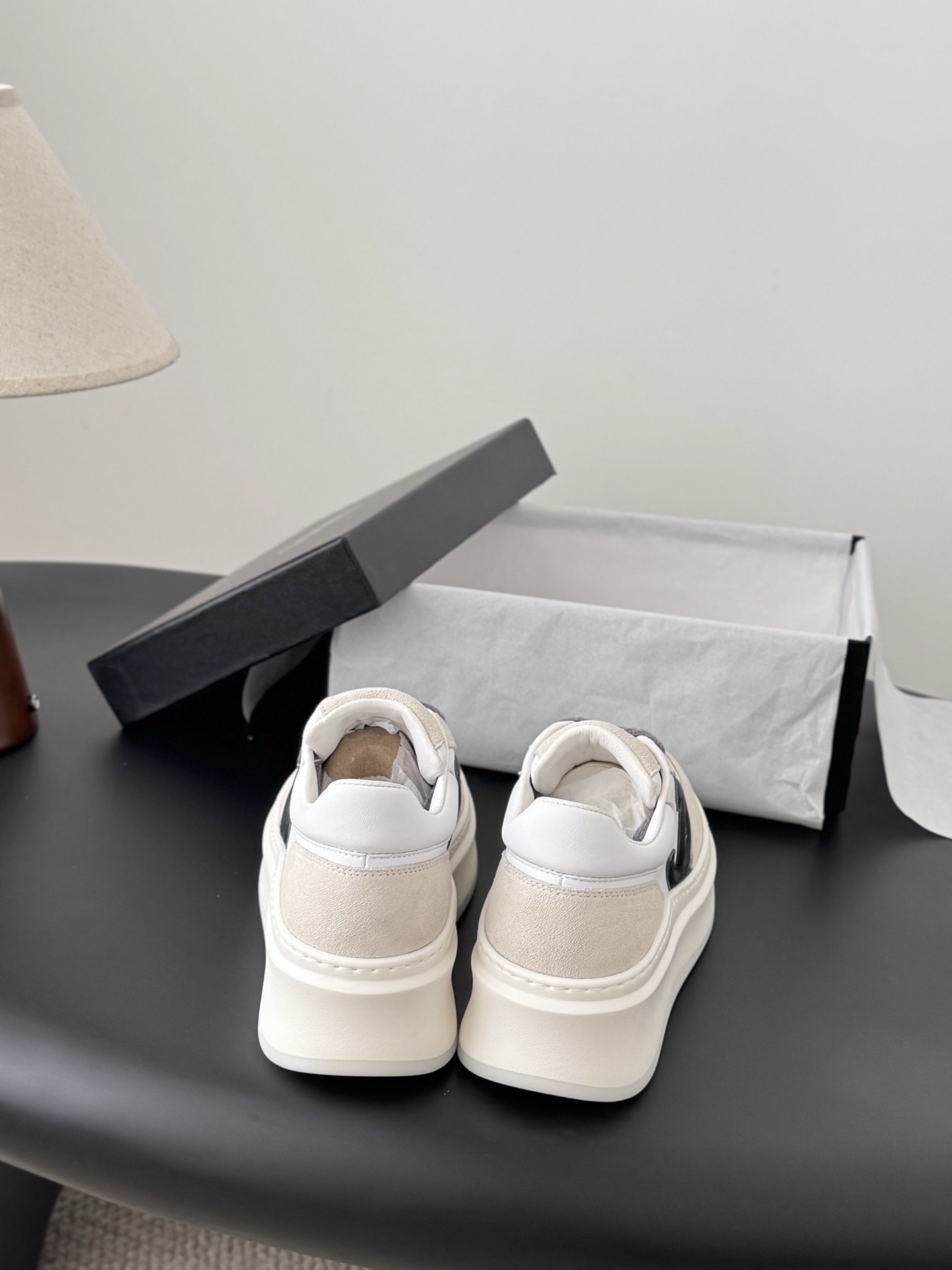 Chanel White & Beige Leather Platform Sneakers - Luxury Chunky Shoes