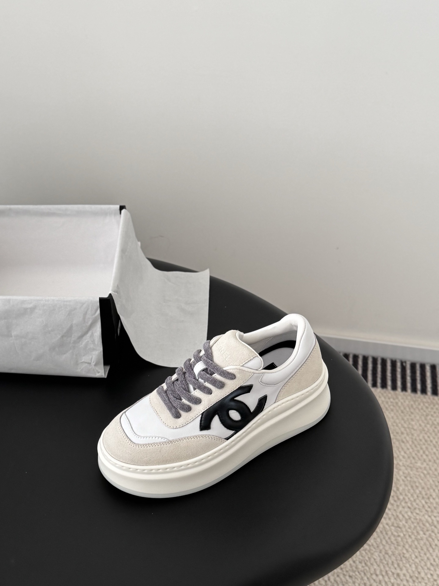 Chanel White & Beige Leather Platform Sneakers - Luxury Chunky Shoes