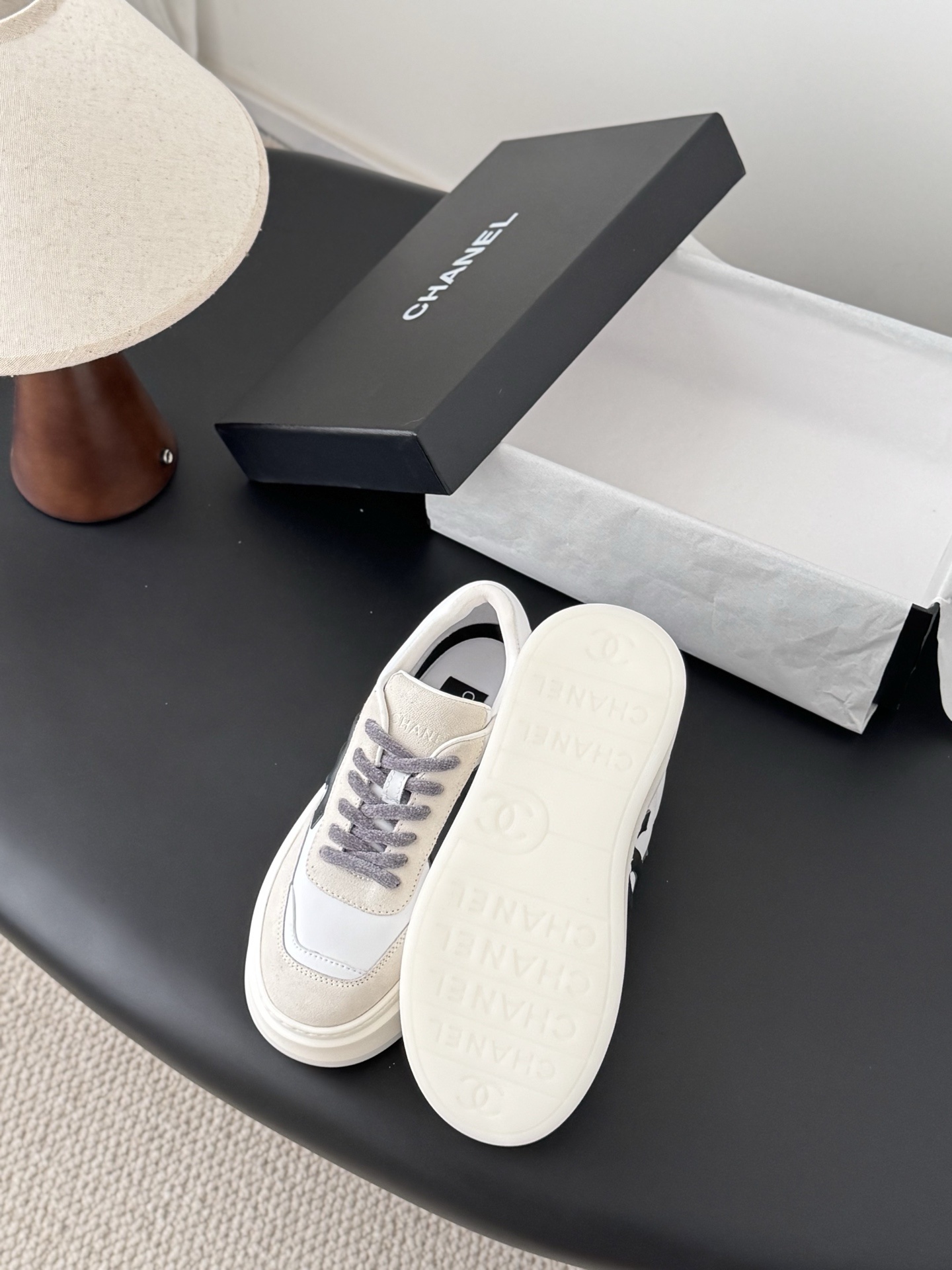 Chanel White & Beige Leather Platform Sneakers - Luxury Chunky Shoes