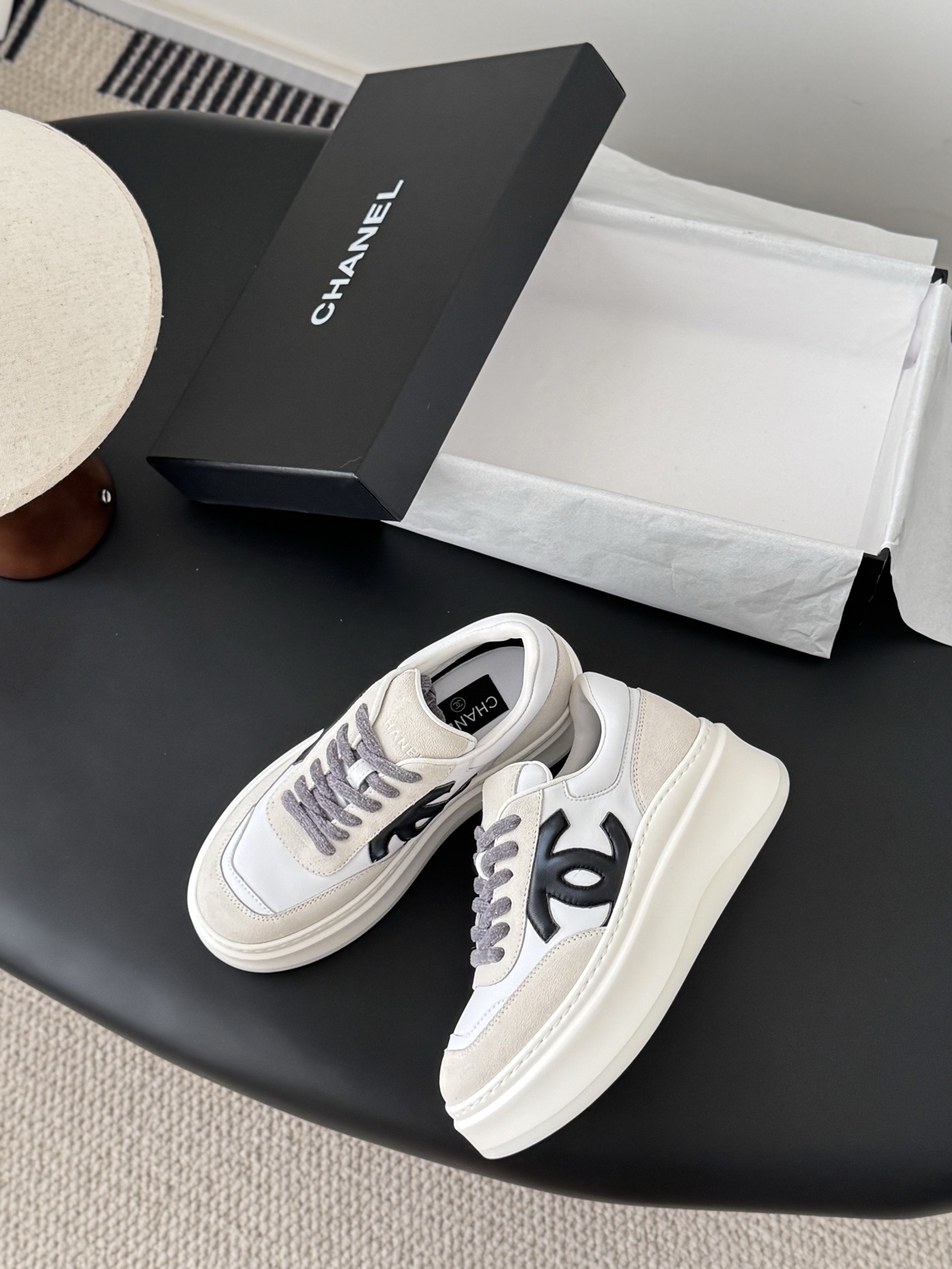 Chanel White & Beige Leather Platform Sneakers - Luxury Chunky Shoes