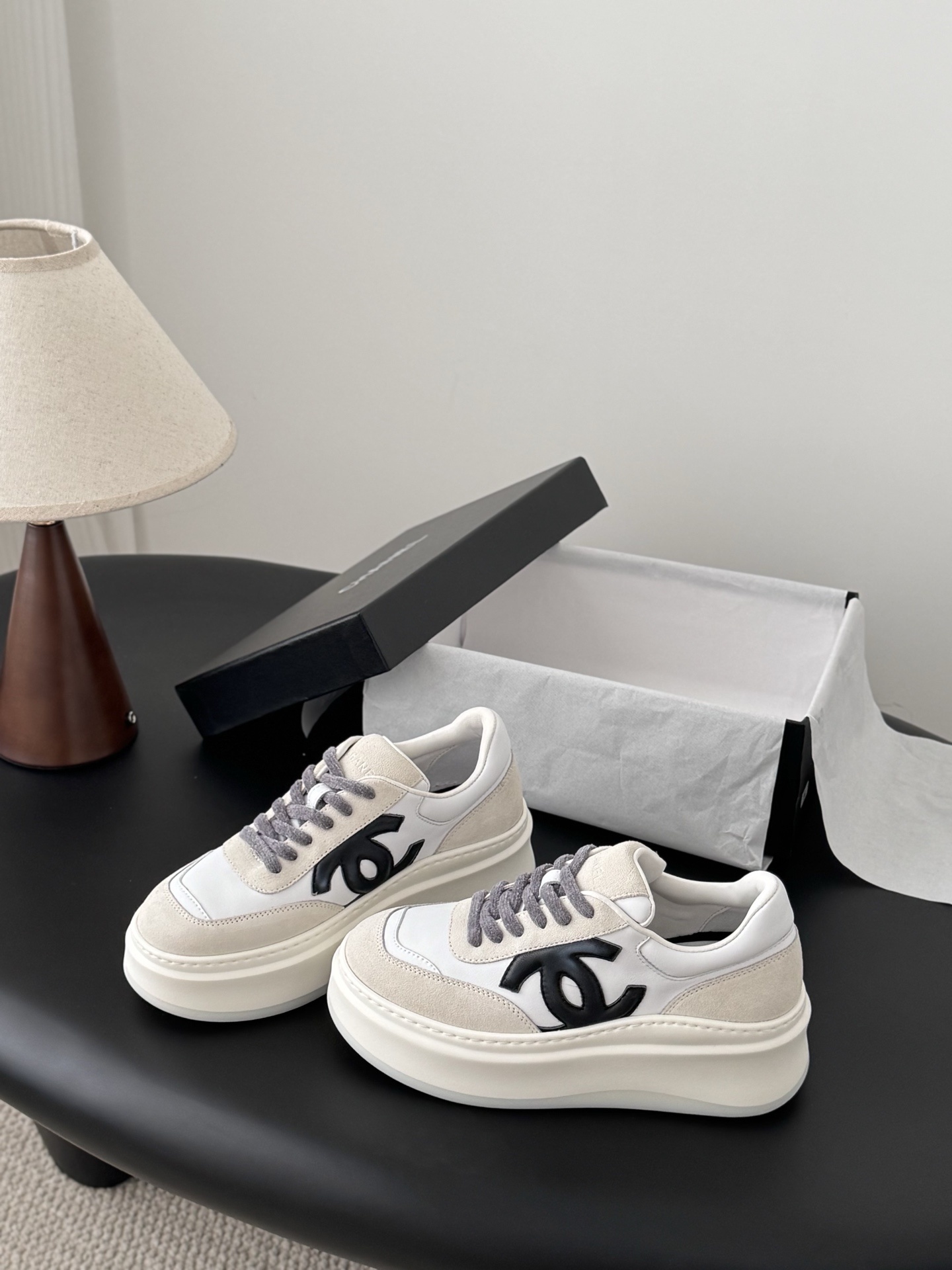 Chanel White & Beige Leather Platform Sneakers - Luxury Chunky Shoes