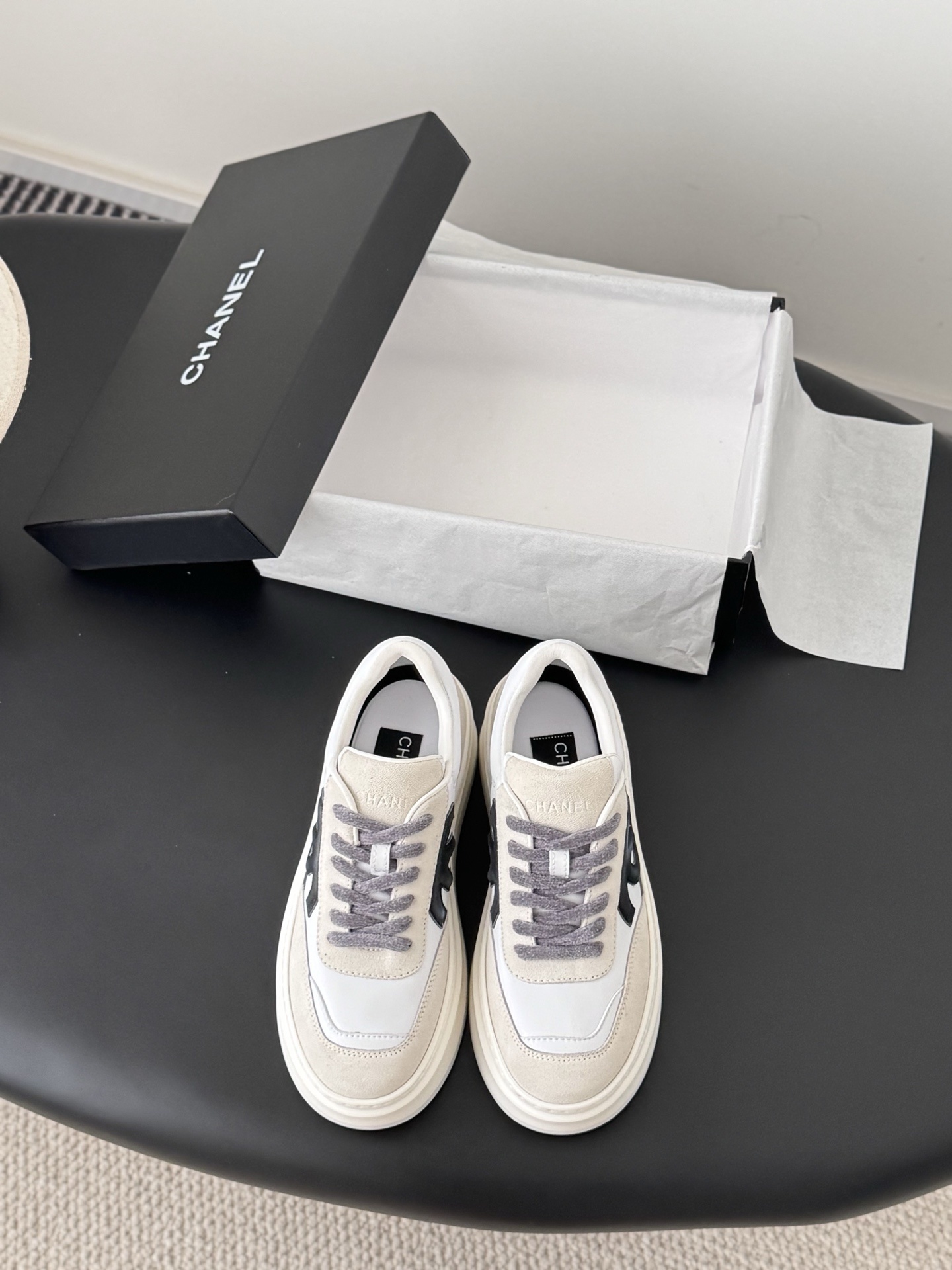 Chanel White & Beige Leather Platform Sneakers – Luxury Chunky Shoes