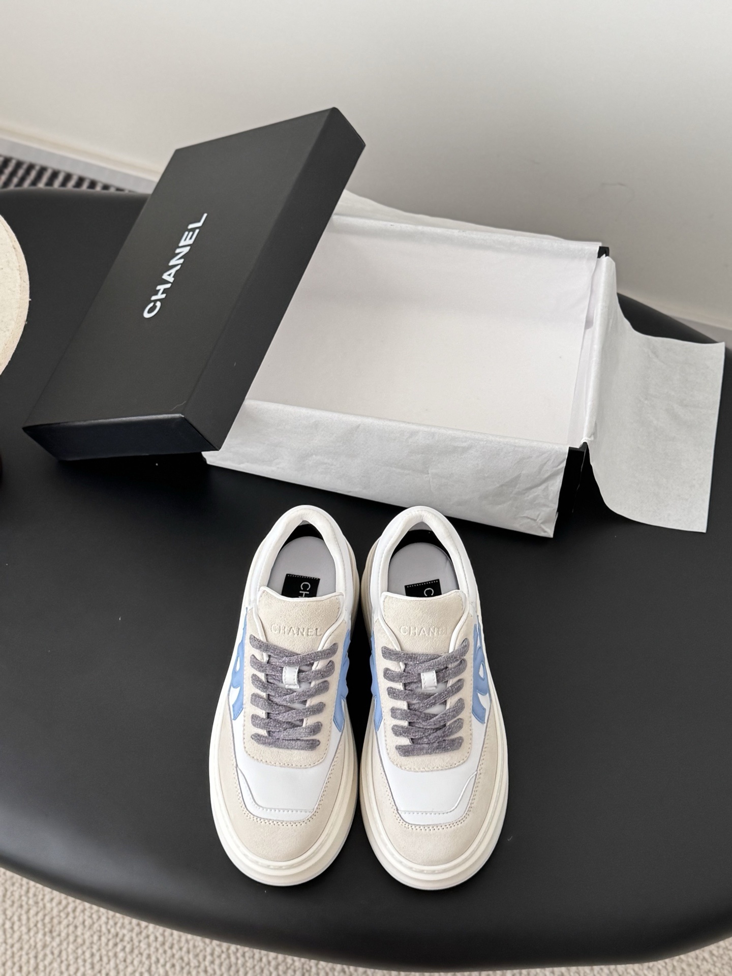 Chanel Luxury Suede & Leather Platform Sneakers – White/Light Blue