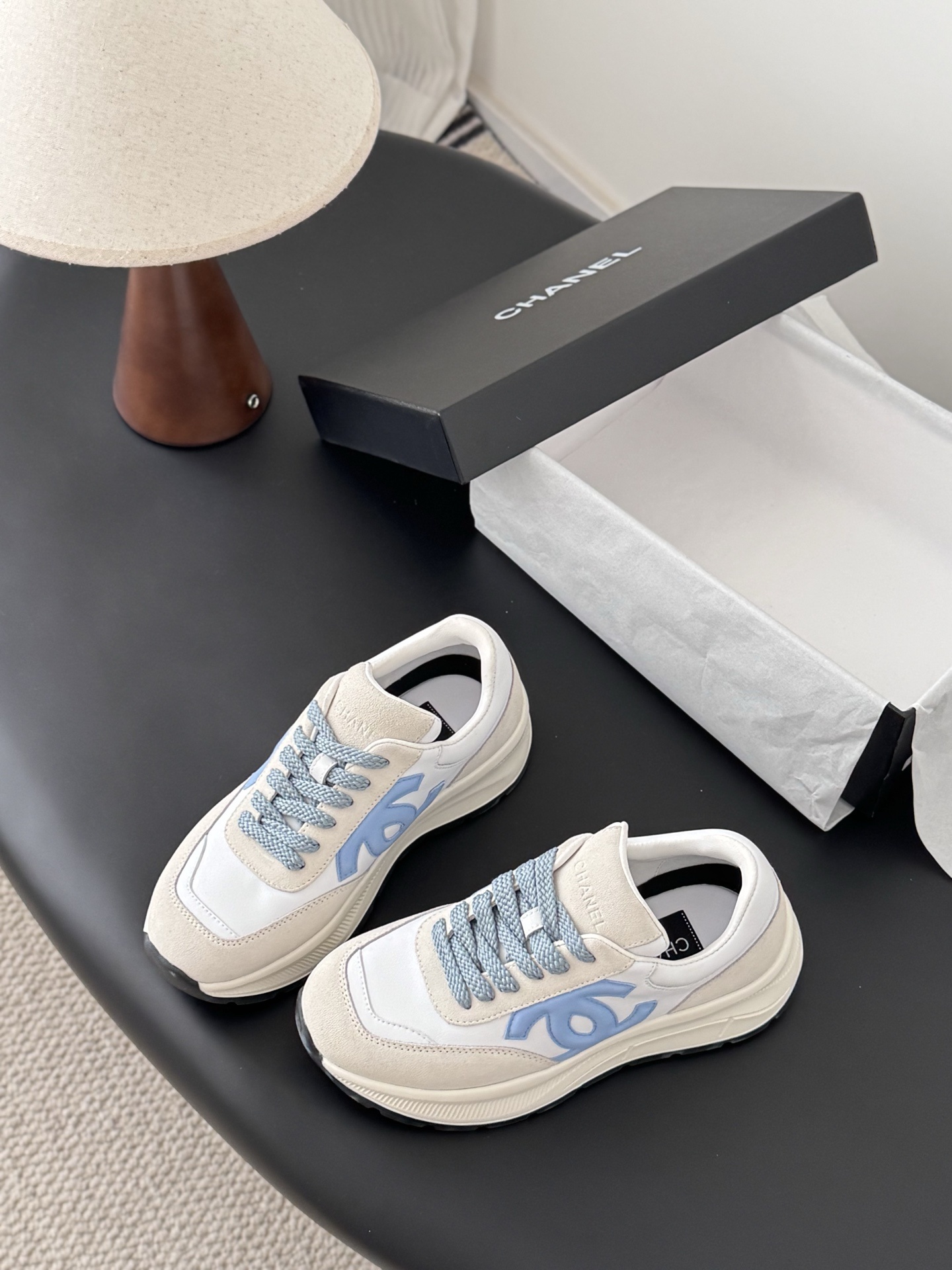 Chanel Women's Luxury Leather & Suede Sneakers in White and Blue