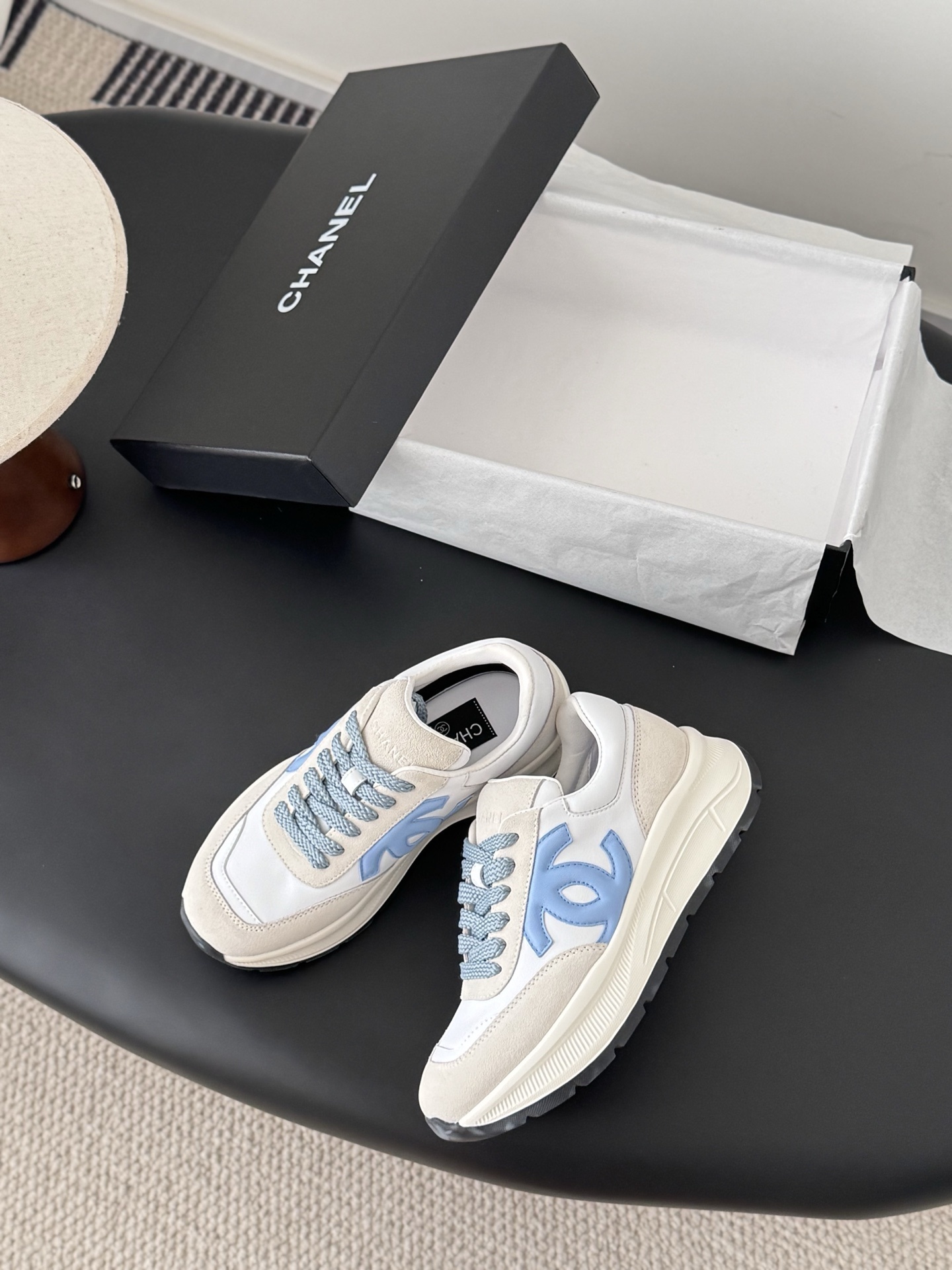 Chanel Women's Luxury Leather & Suede Sneakers in White and Blue