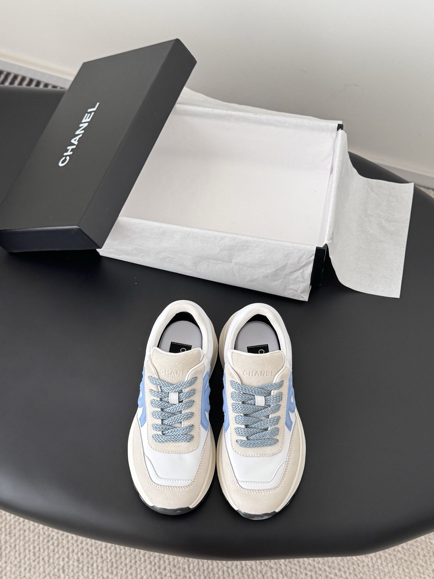 Chanel Women’s Luxury Leather & Suede Sneakers in White and Blue