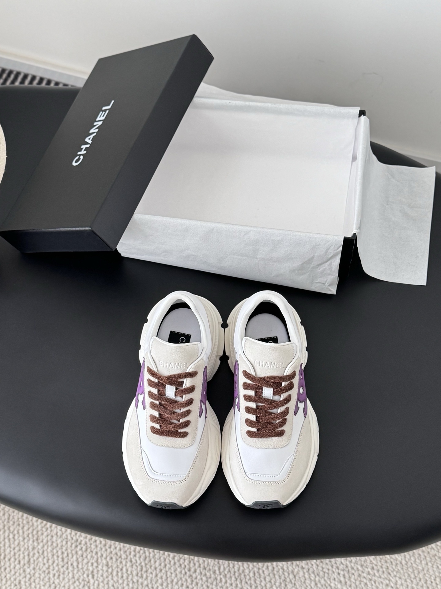 Chanel Leather & Suede Sneakers – White, Purple & Brown Trainers