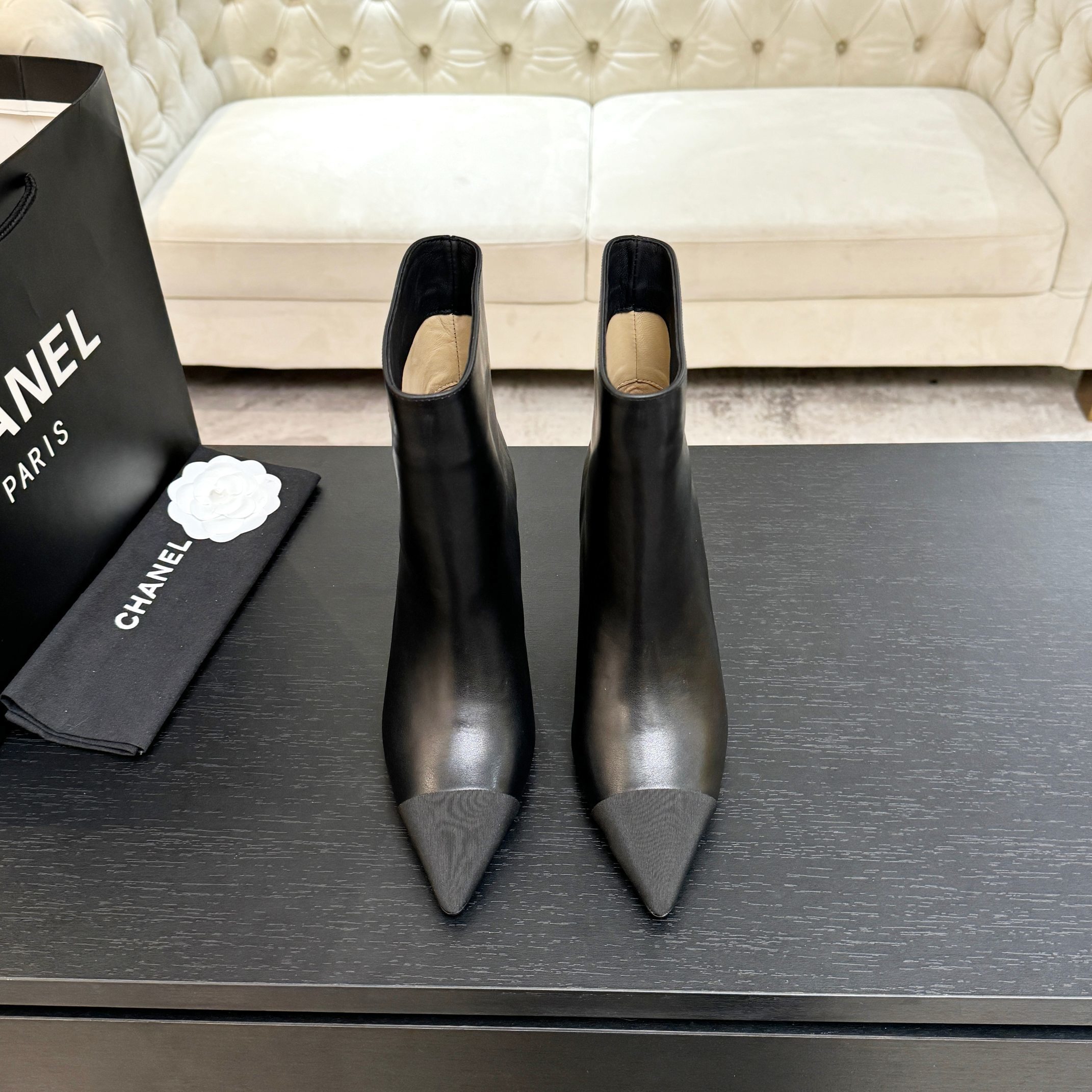 Chanel Gabrielle Black Leather Ankle Boots with Pointed Cap Toe