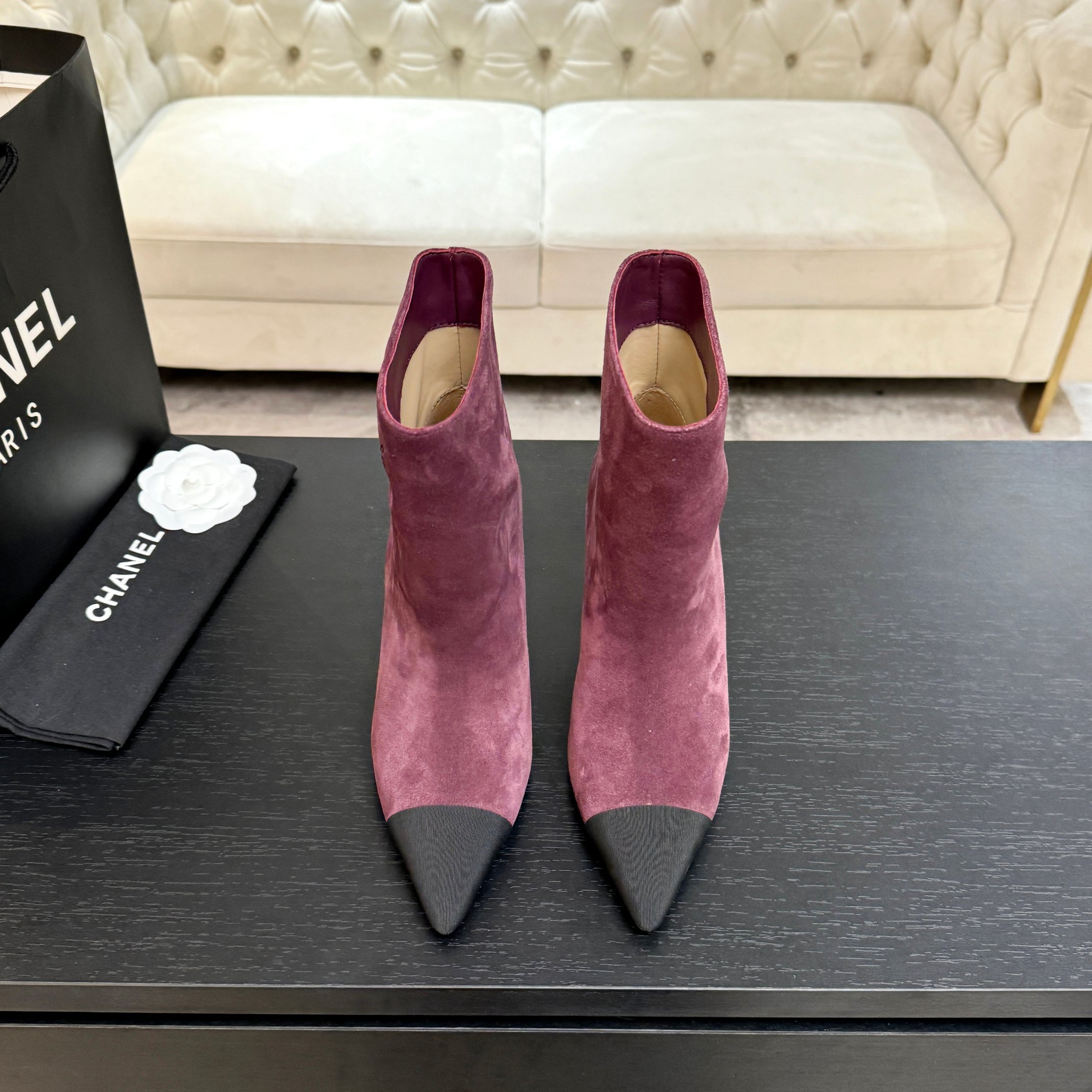 Chanel Gabrielle Suede Ankle Boots – Burgundy & Black Pointed Toe