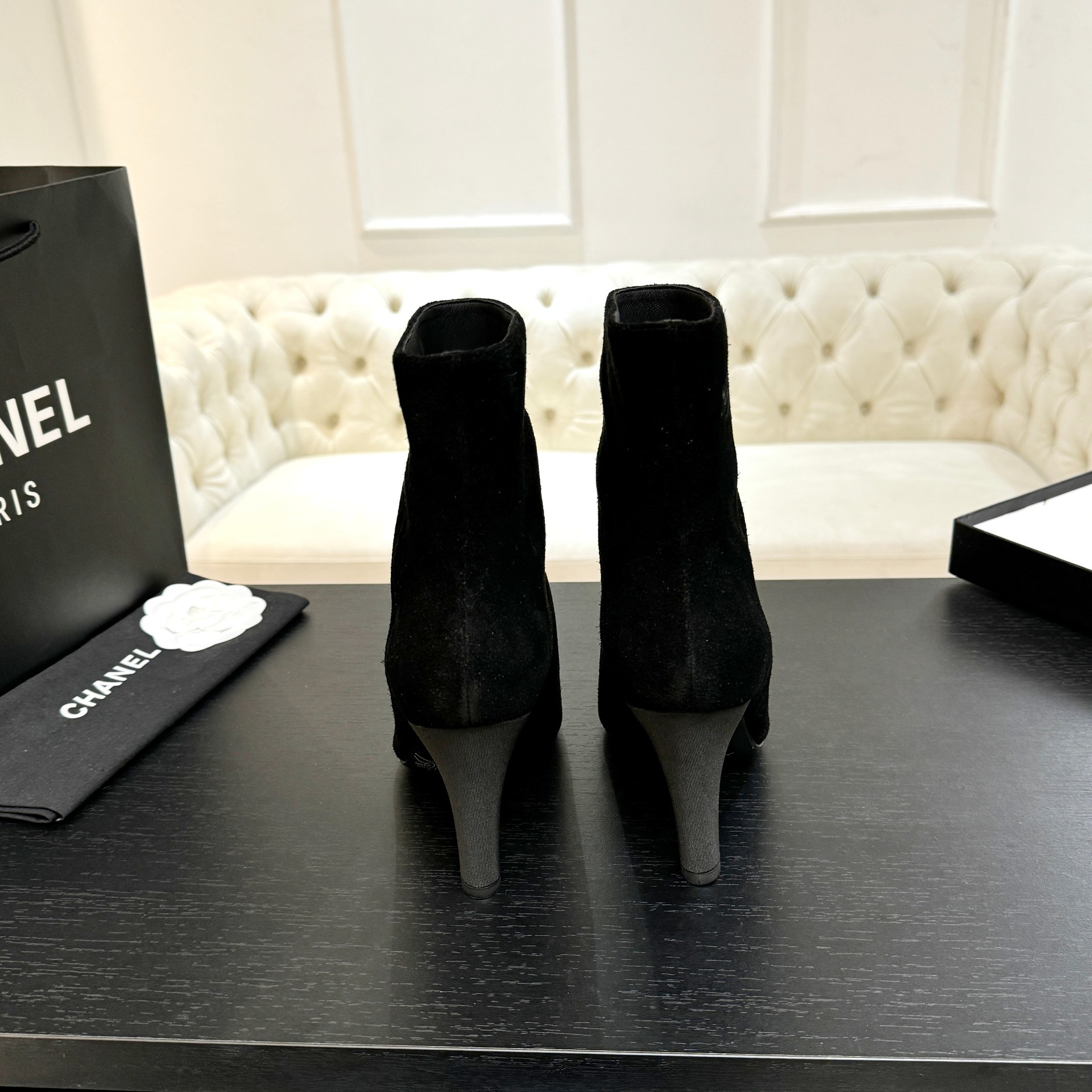 Pair of luxury Chanel Gabrielle black suede ankle boots with pointed grey cap-toe and COCO embroidery detail. - Hình 8