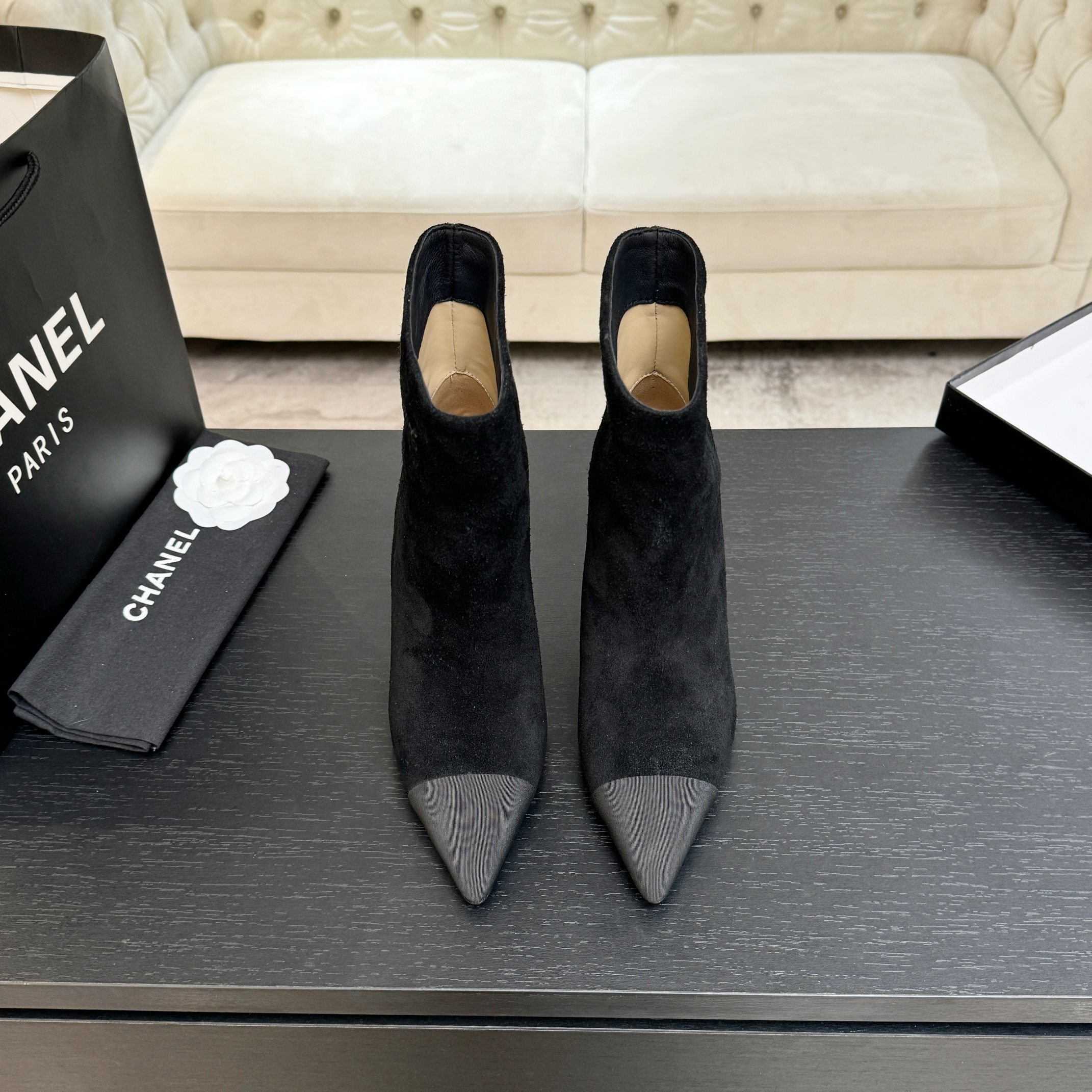 Chanel Gabrielle COCO Black Suede Pointed Toe Cap Toe Ankle Boots