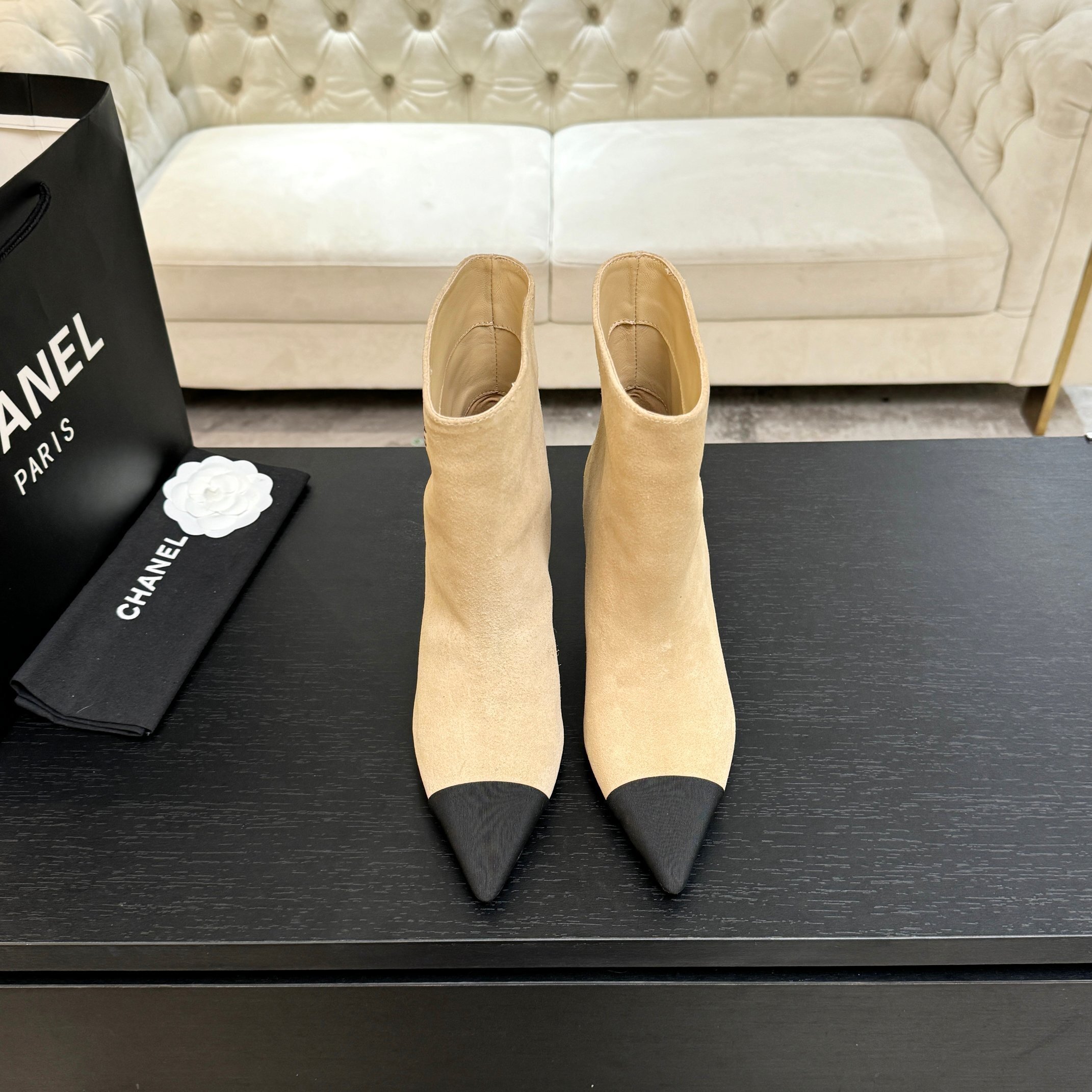 Gabrielle Chanel Signature Beige Suede Ankle Boots with Cap Toe