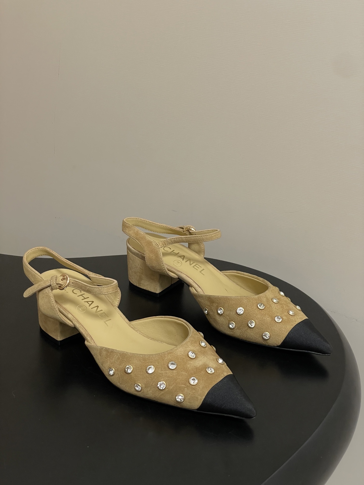 Chanel Crystal Suede Slingback Pumps – Beige & Black Cap Toe