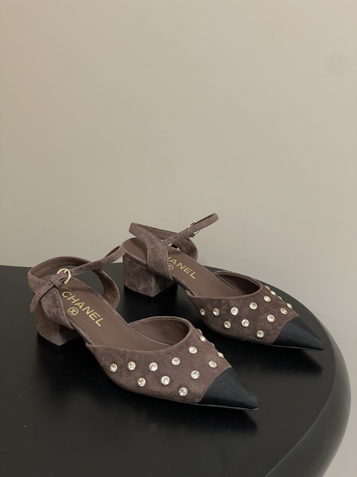 Chanel Crystal Studded Suede Slingback Heels – Brown & Black
