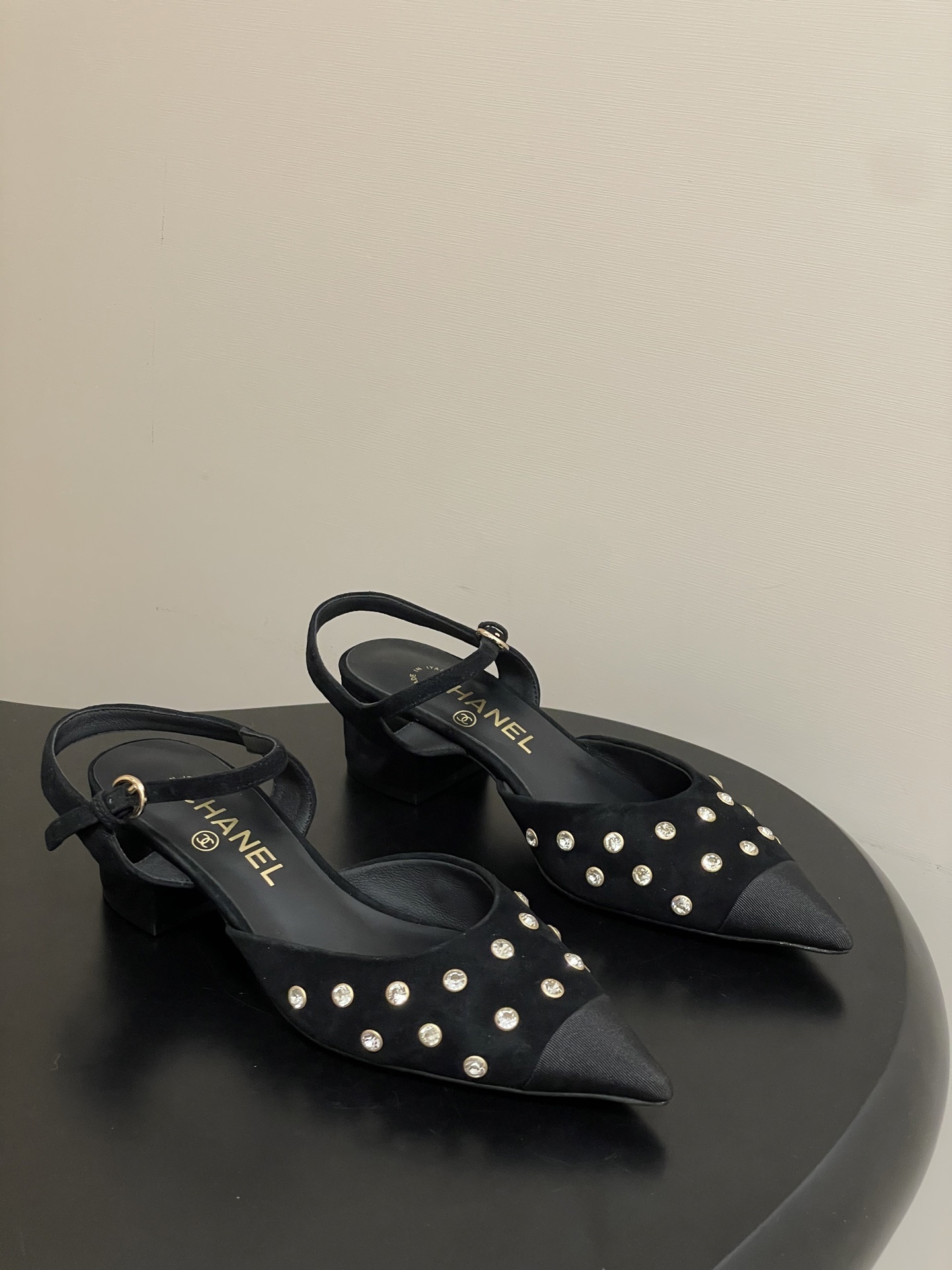 Chanel Black Suede Crystal Embellished Pointed Slingback Pumps