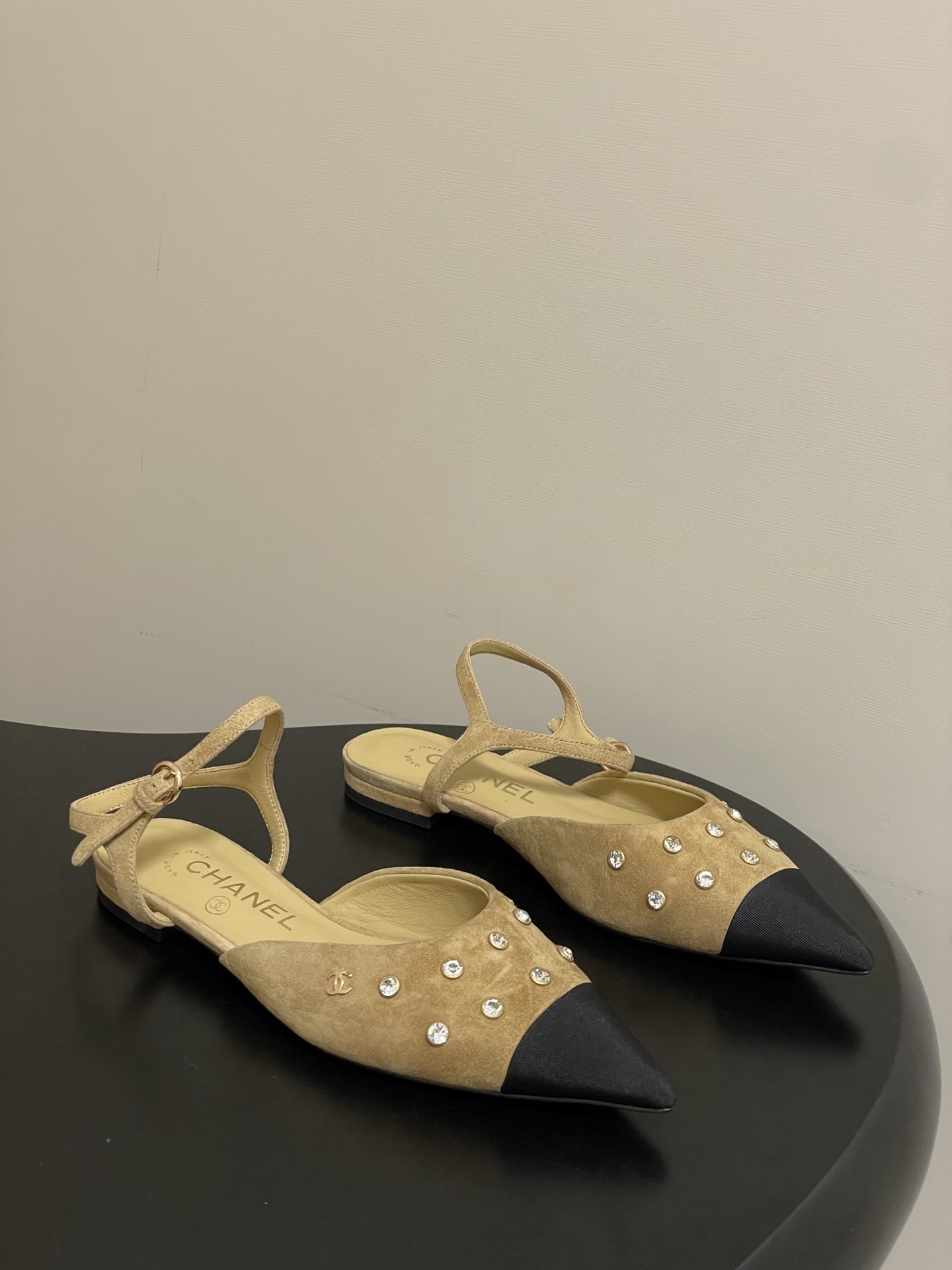 Chanel Crystal-Embellished Suede Slingback Pointed Toe Flats