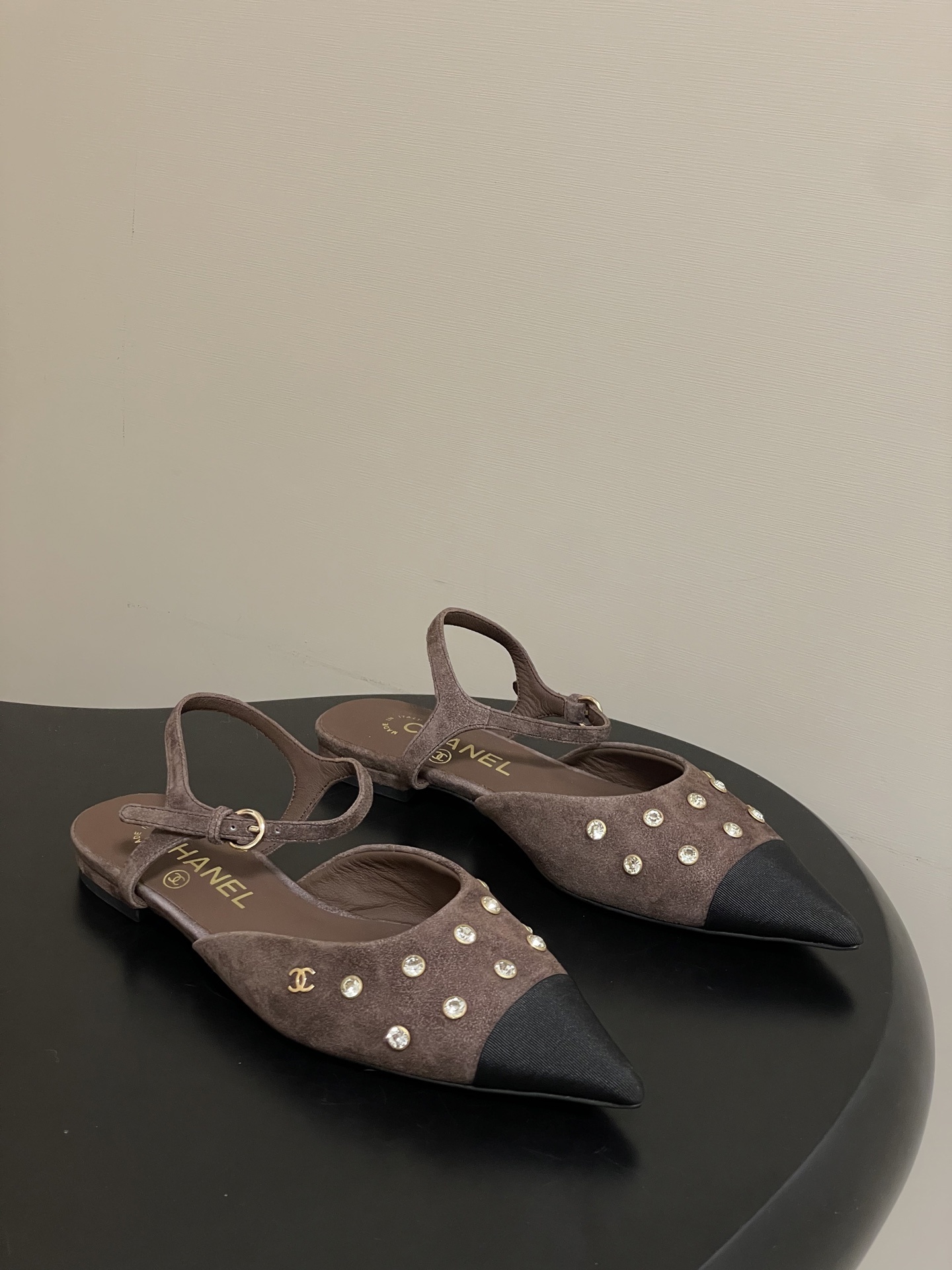 Chanel Suede Pointed-Toe Slingback Flats with Crystal Accents