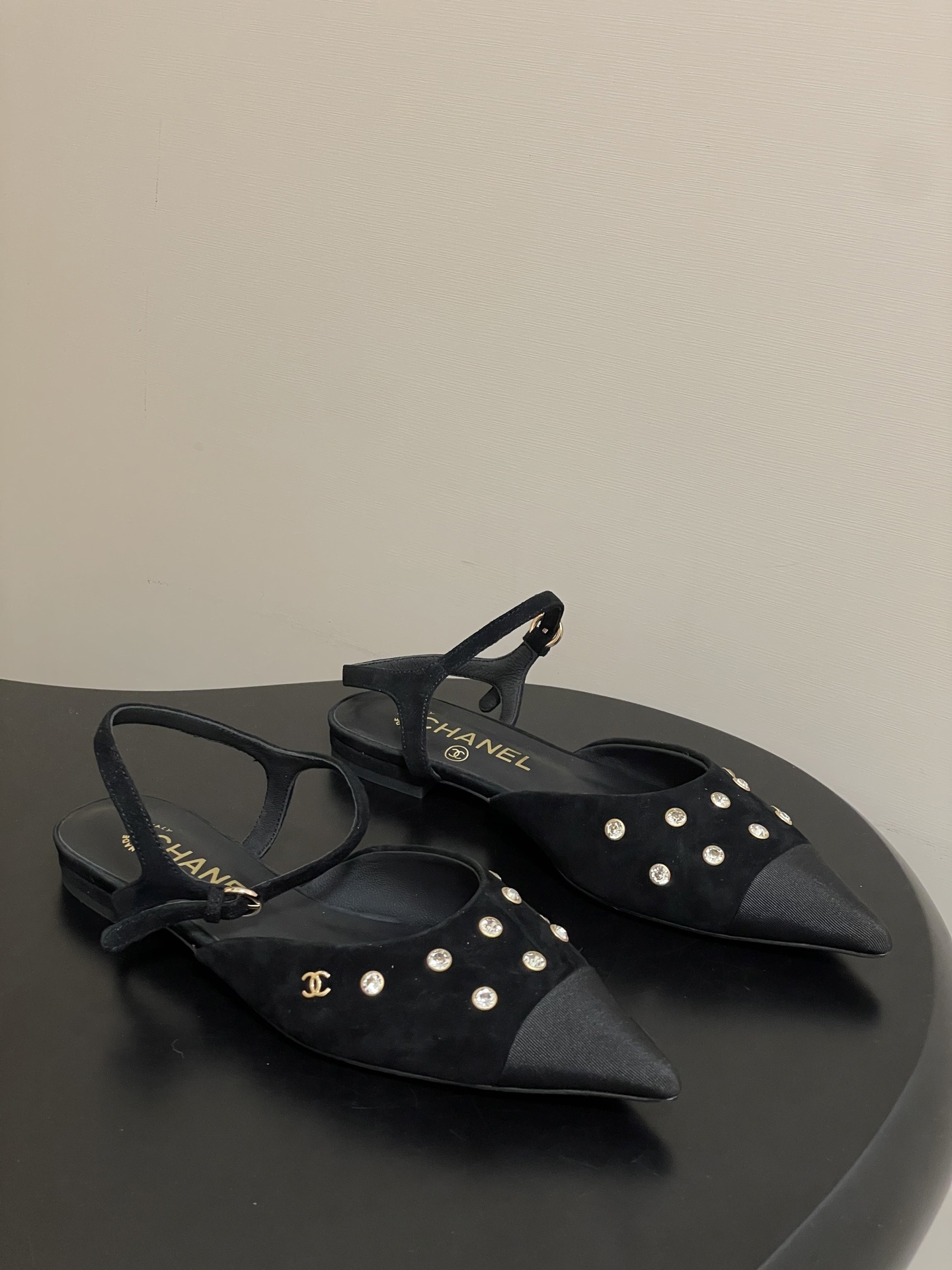 Chanel Black Suede Crystal Embellished Slingback Pointed Toe Flats
