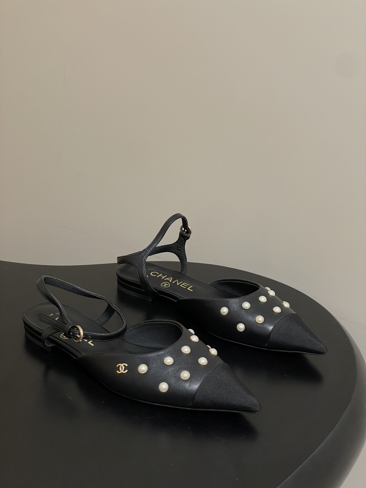 Chanel Black Leather Pearl Embellished Pointed Toe Slingback Flats