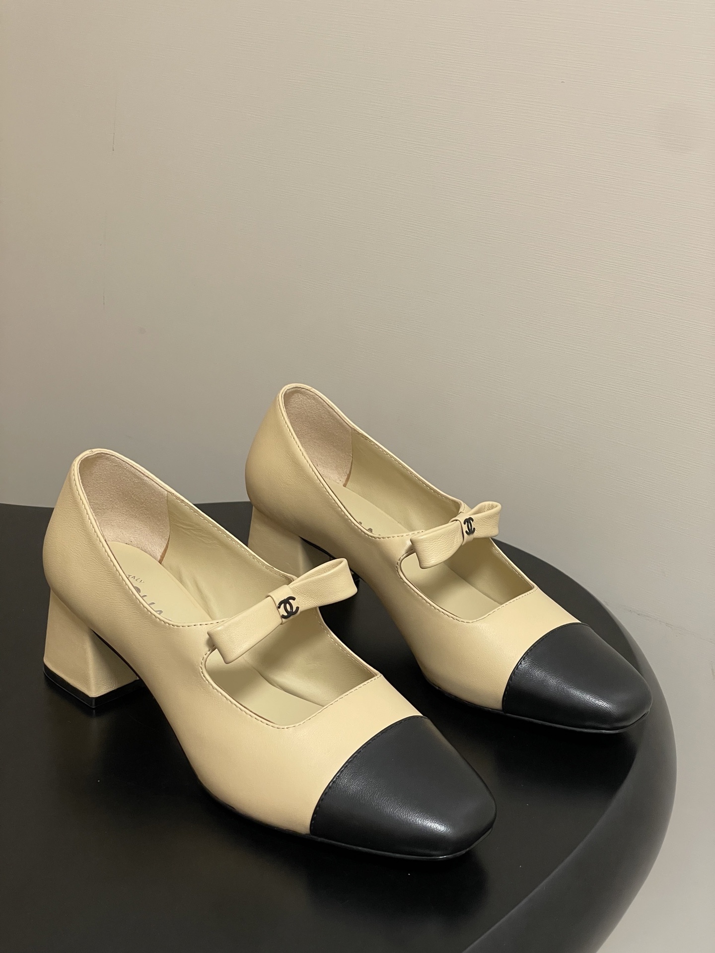 Chanel Classic Two-Tone Mary Jane Block Heel Pumps – Beige/Black