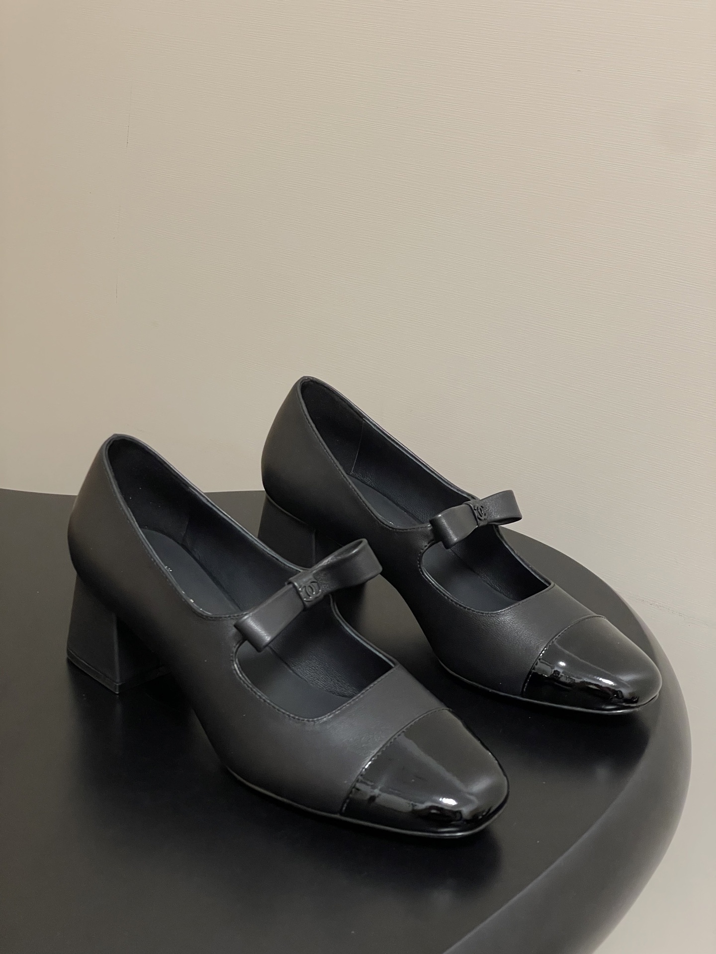Chanel Black Leather Mary Jane Block Heels with Patent Toe