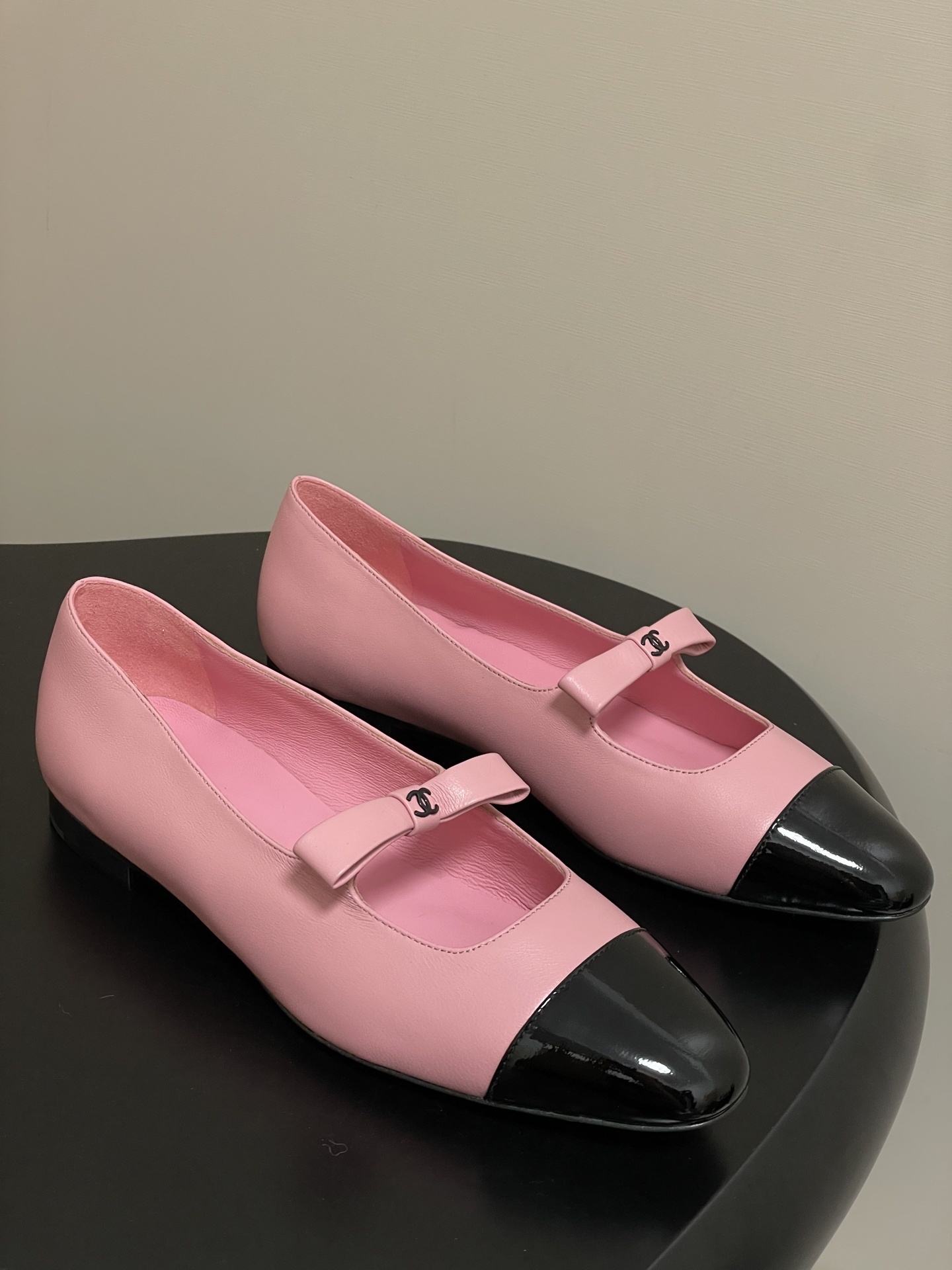 Chanel Pink Lambskin & Black Patent Mary Jane Flats with CC Logo