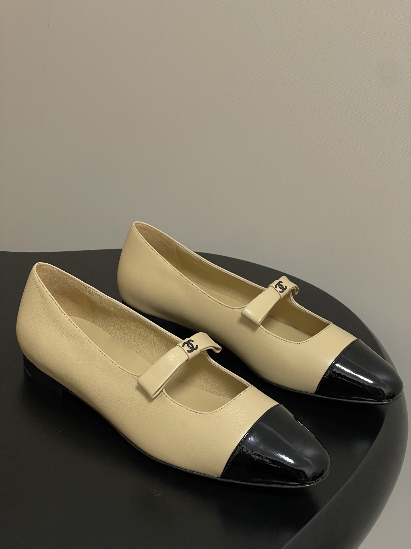 Chanel Classic Beige & Black Leather Mary Jane Ballerina Flats