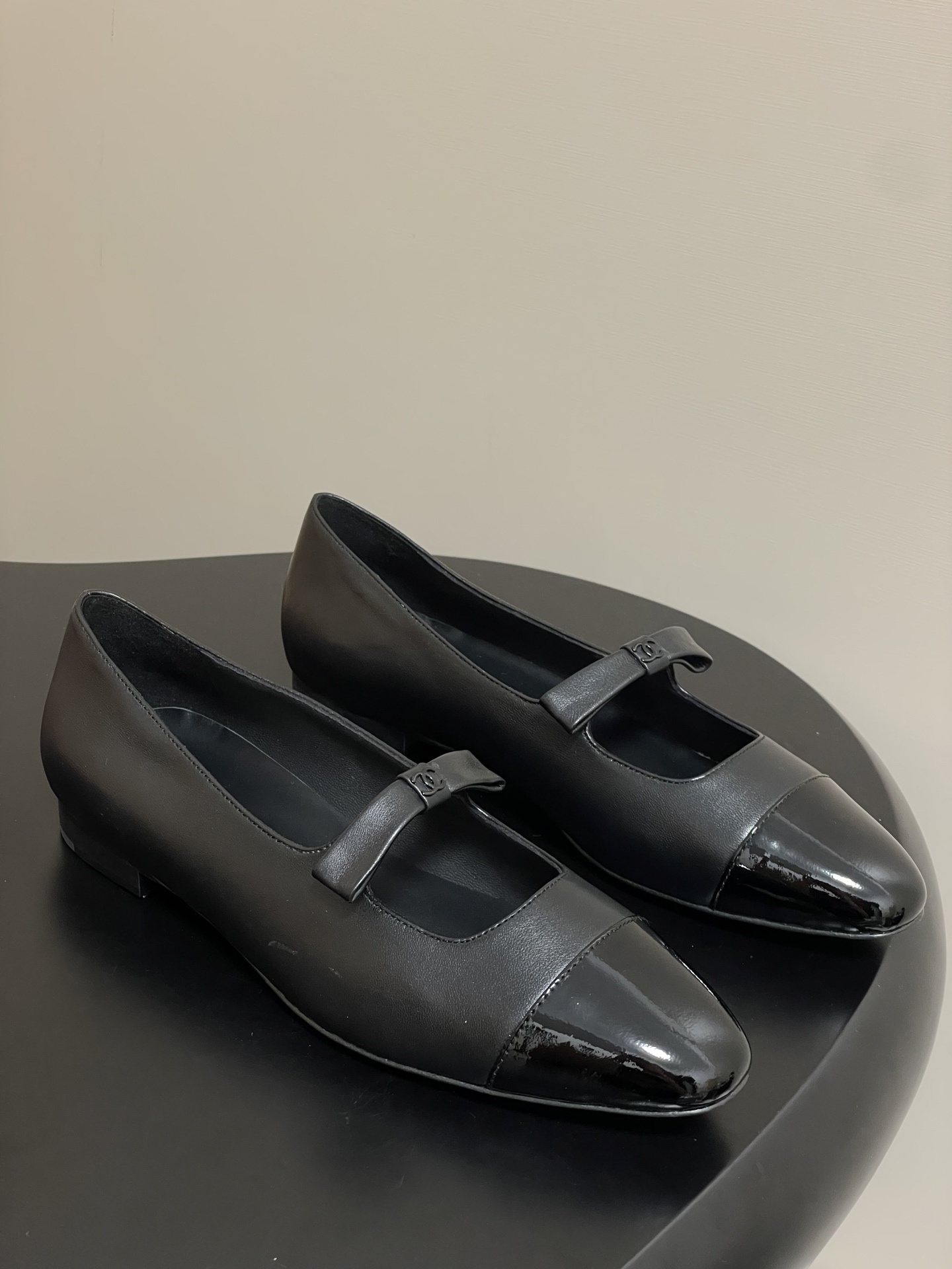 Chanel Black Leather Mary Jane Flats with Patent Cap Toe