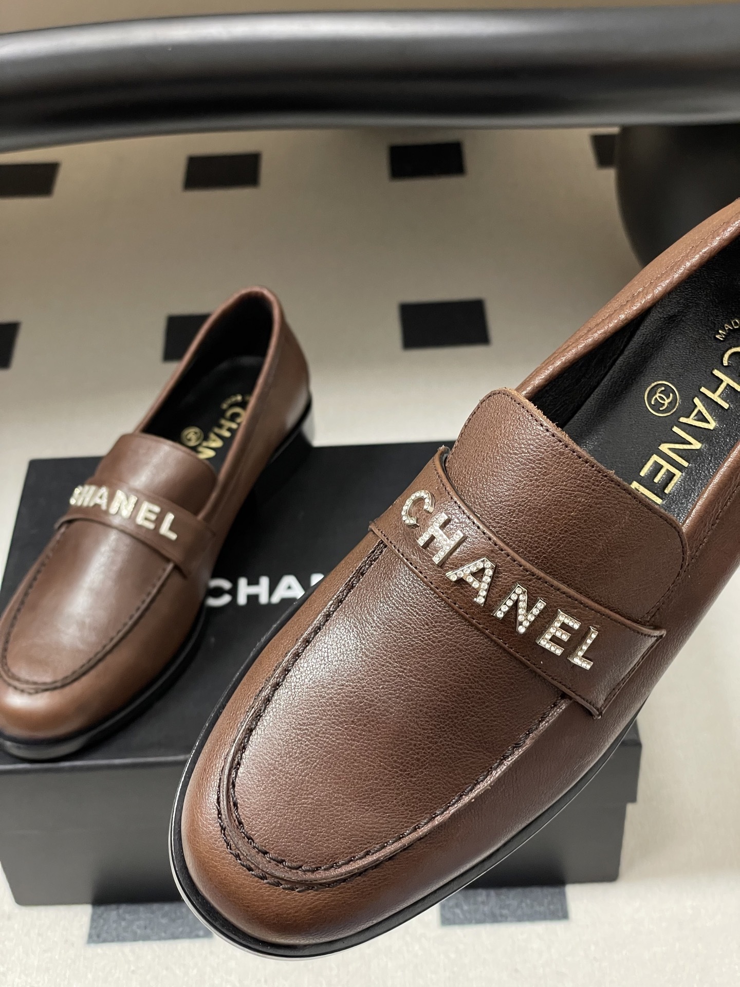 Chanel Brown Leather Loafers with Crystal Embellished Logo