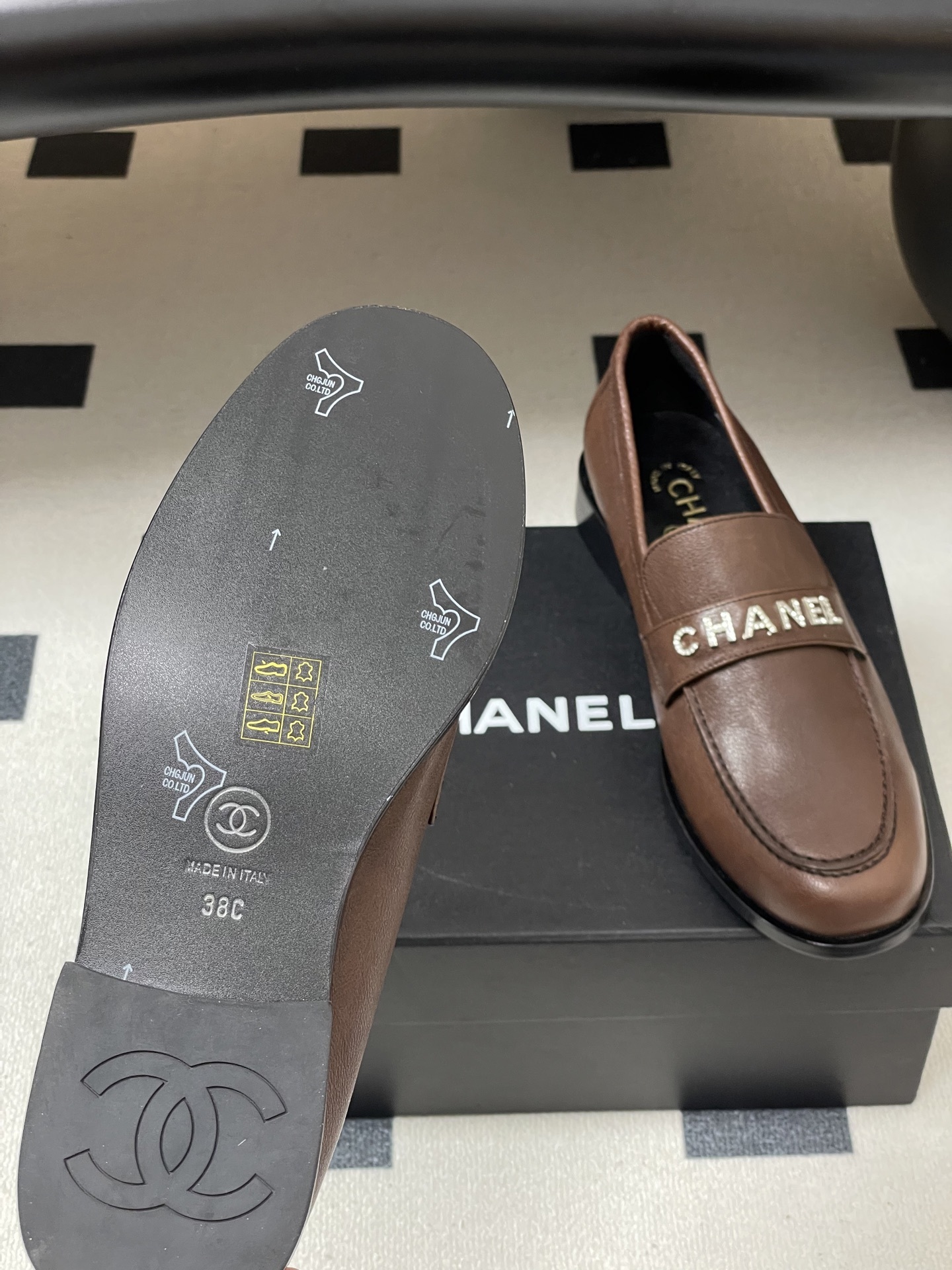 Chanel Brown Leather Loafers with Crystal Embellished Logo