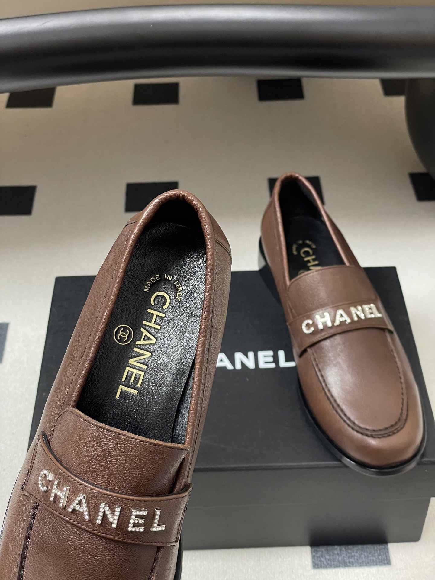 Chanel Brown Leather Loafers with Crystal Embellished Logo