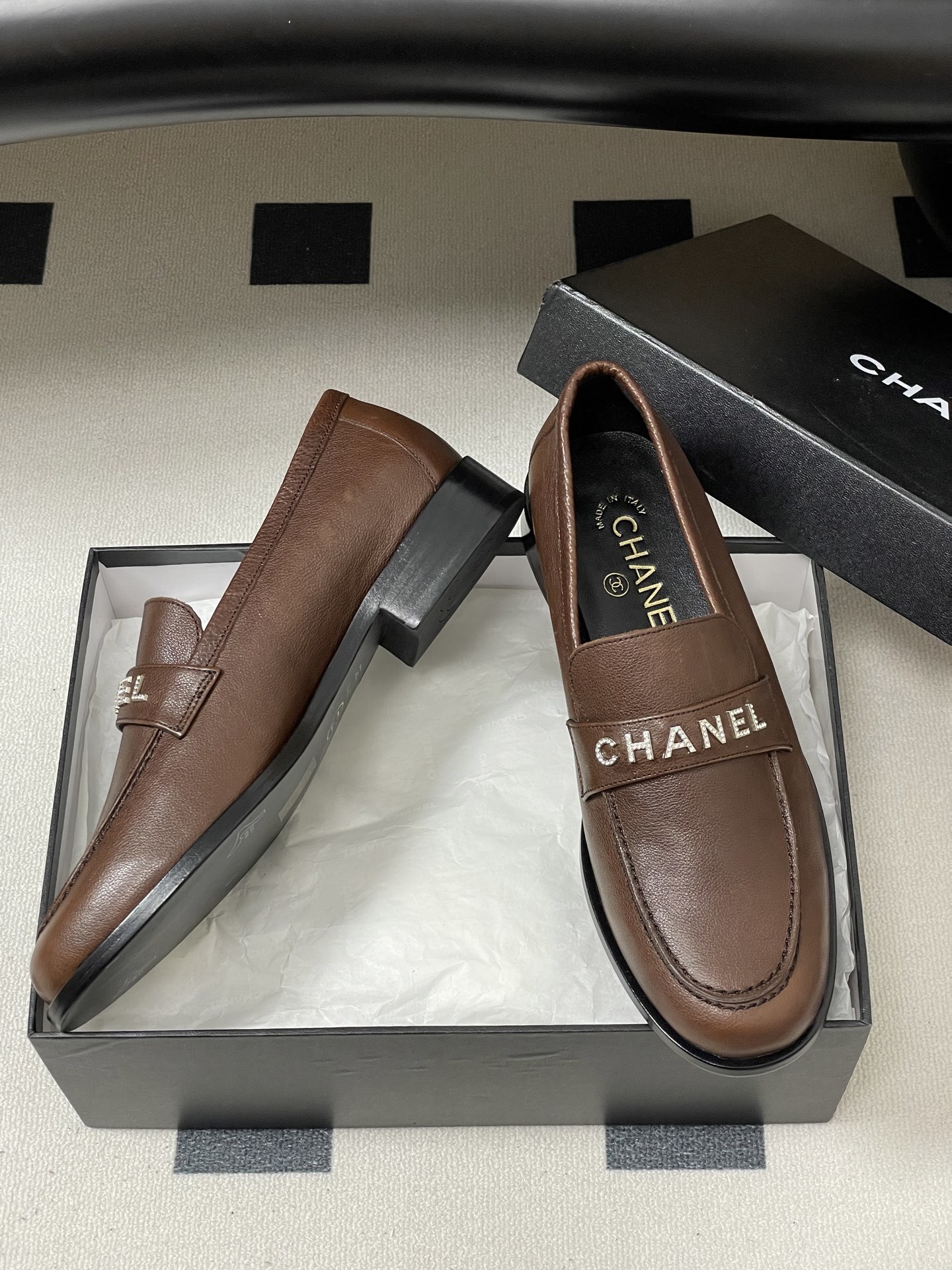 Chanel Brown Leather Loafers with Crystal Embellished Logo
