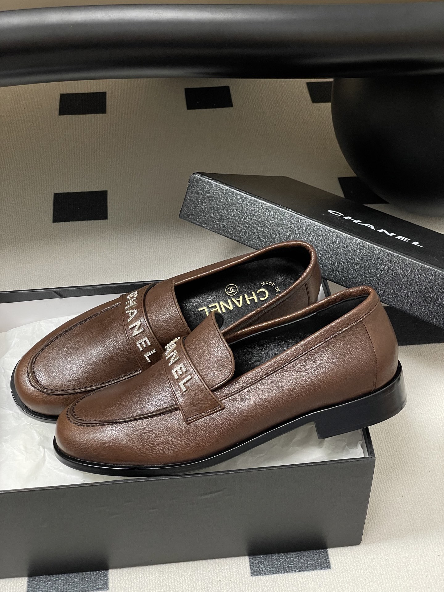 Chanel Brown Leather Loafers with Crystal Embellished Logo