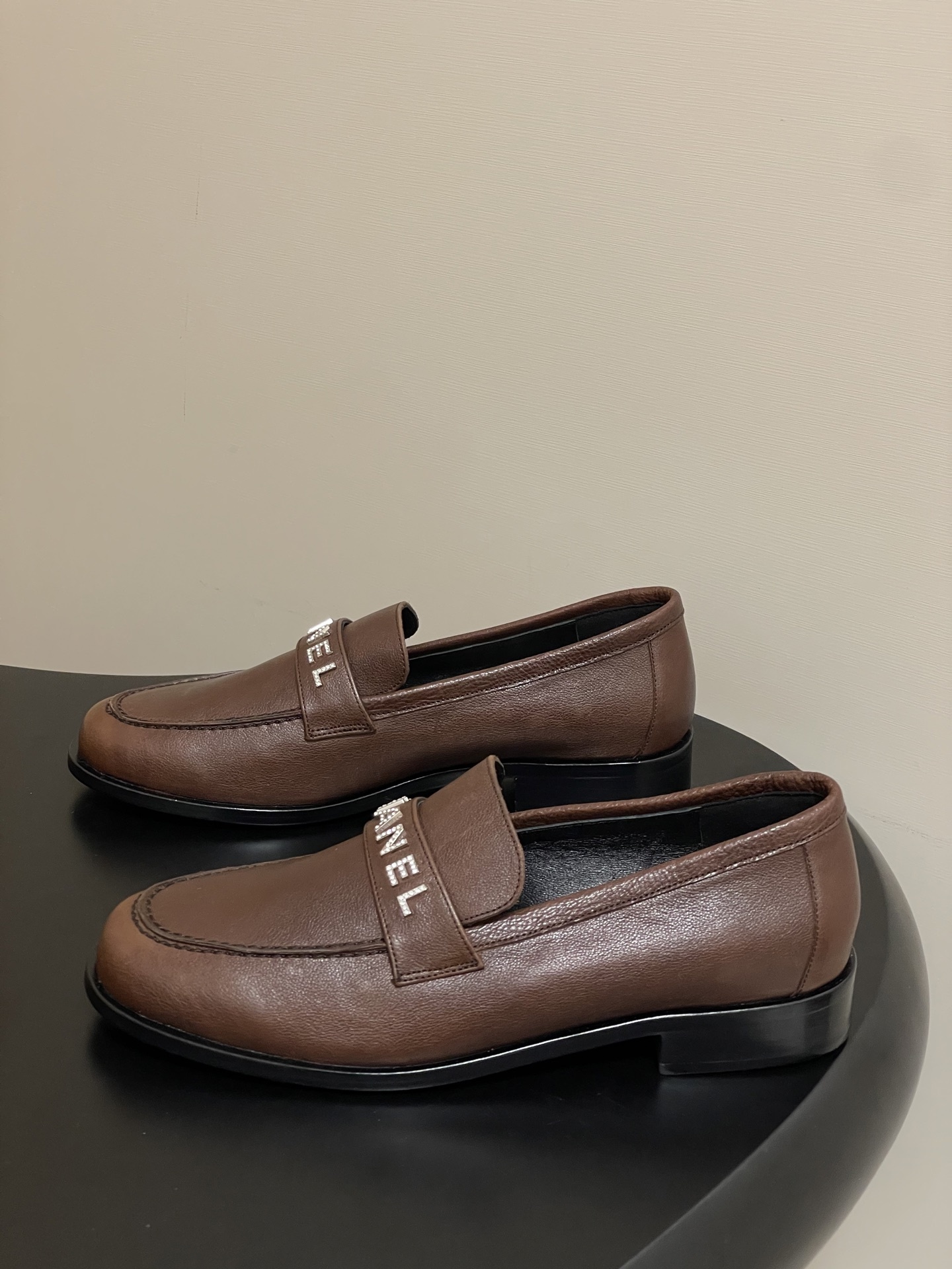 Chanel Brown Leather Loafers with Crystal Embellished Logo