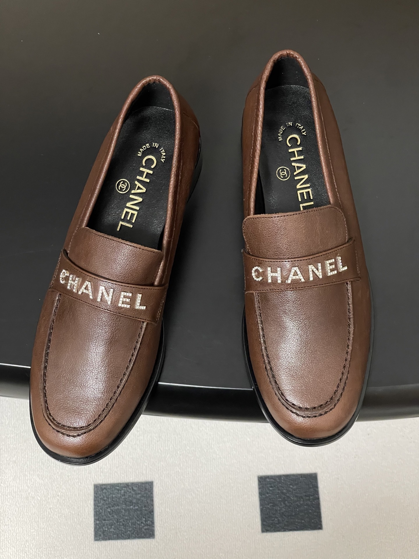 Chanel Brown Leather Loafers with Crystal Embellished Logo
