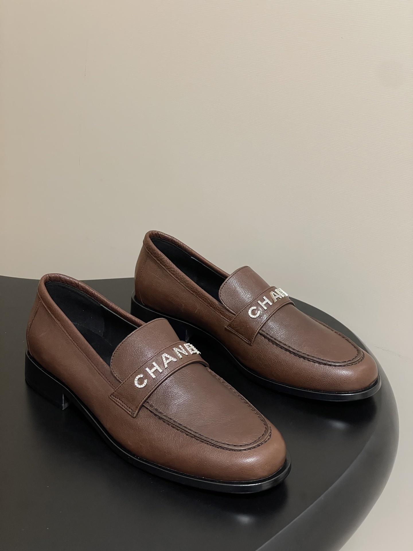 Chanel Brown Leather Loafers with Crystal Embellished Logo
