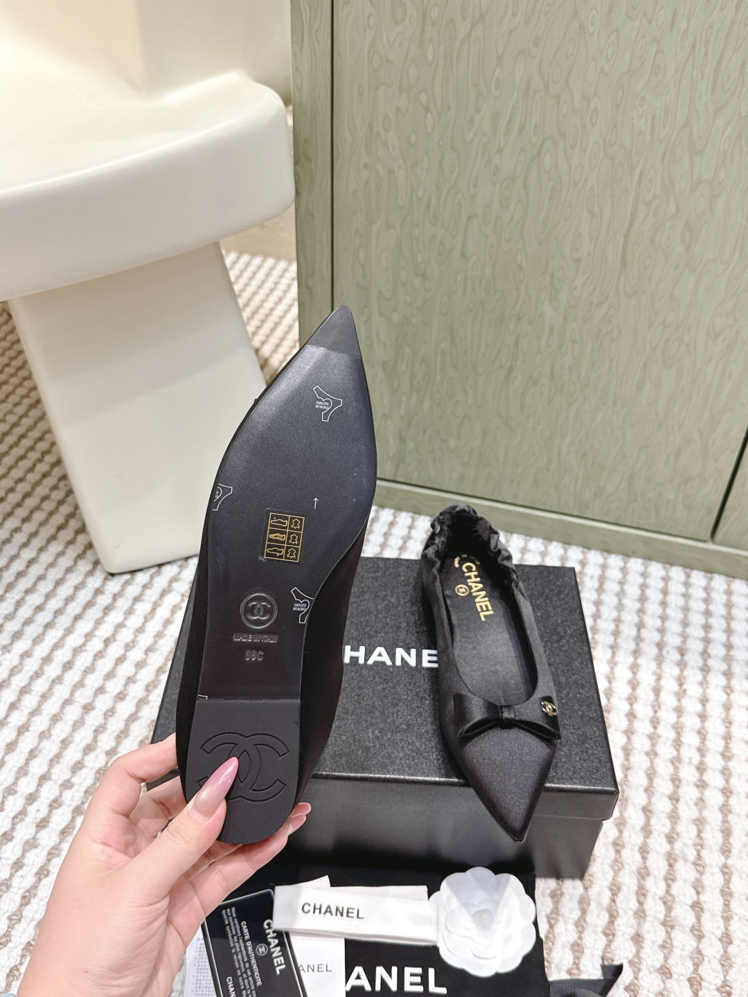 Chanel Black Satin Pointed-Toe Ballet Flats with CC Bow Detail