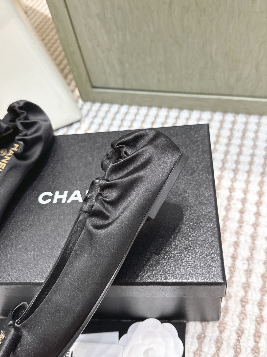 Chanel Black Satin Pointed-Toe Ballet Flats with CC Bow Detail