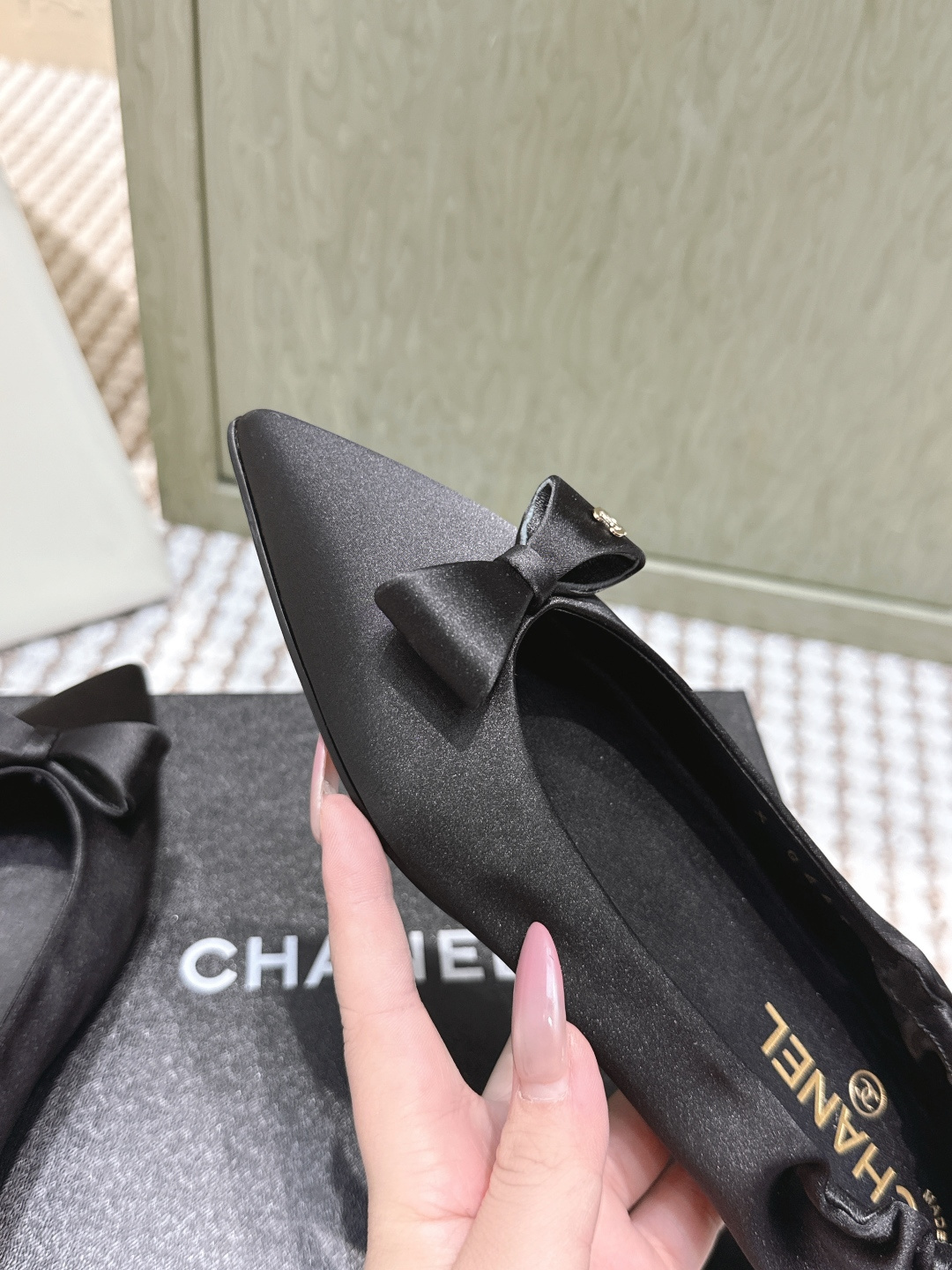 Chanel Black Satin Pointed-Toe Ballet Flats with CC Bow Detail