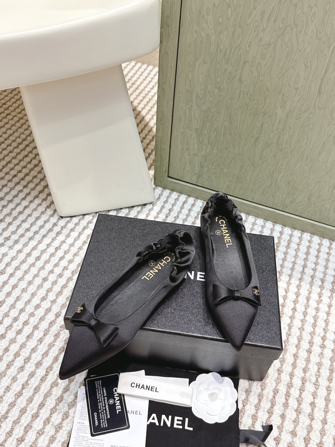 Chanel Black Satin Pointed-Toe Ballet Flats with CC Bow Detail