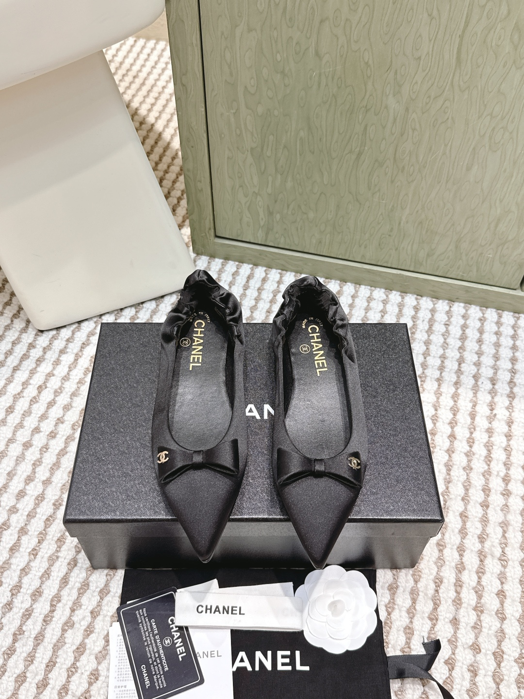Chanel Black Satin Pointed-Toe Ballet Flats with CC Bow Detail