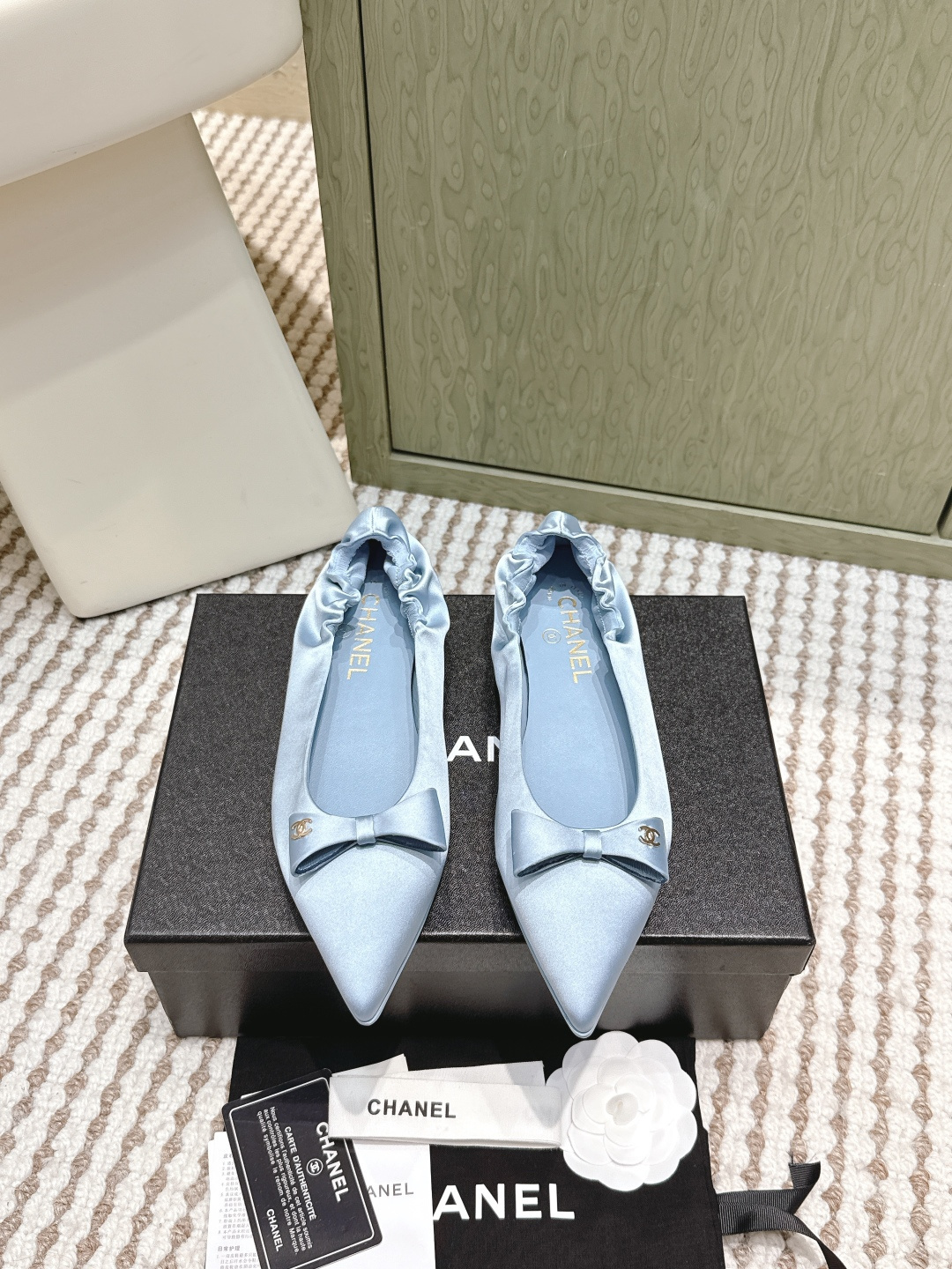 Chanel Satin Pointed-Toe Ballerina Flats – Elegant Light Blue Shoes