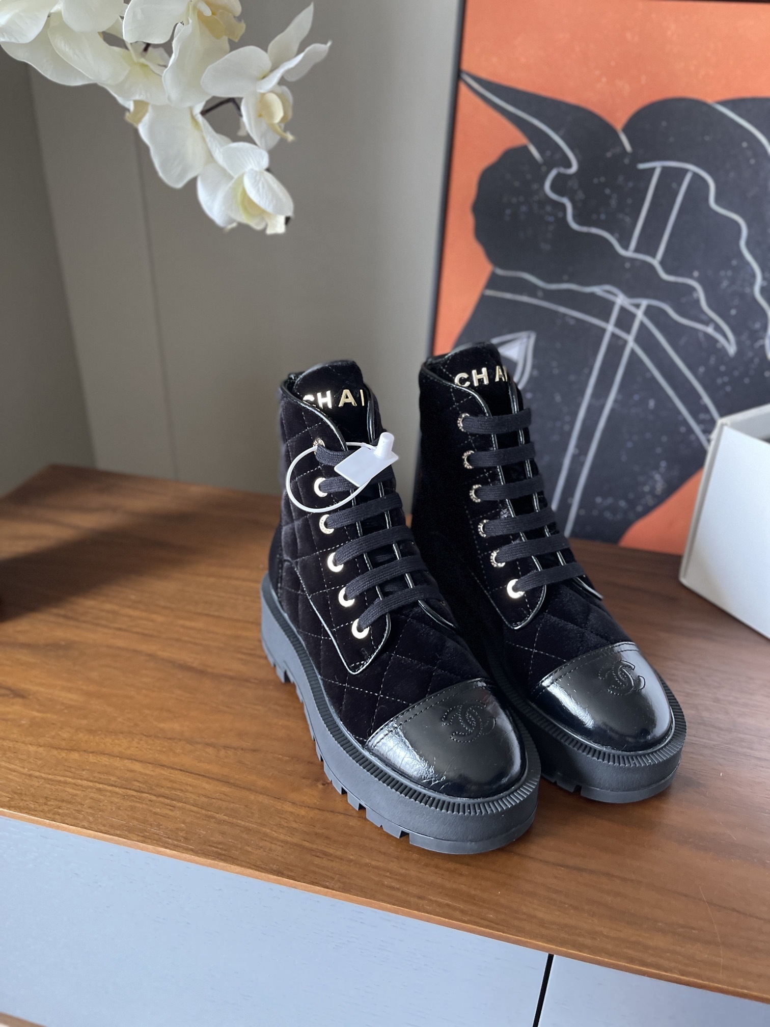 Chanel Quilted Black Velvet Ankle Boots with Platform Sole