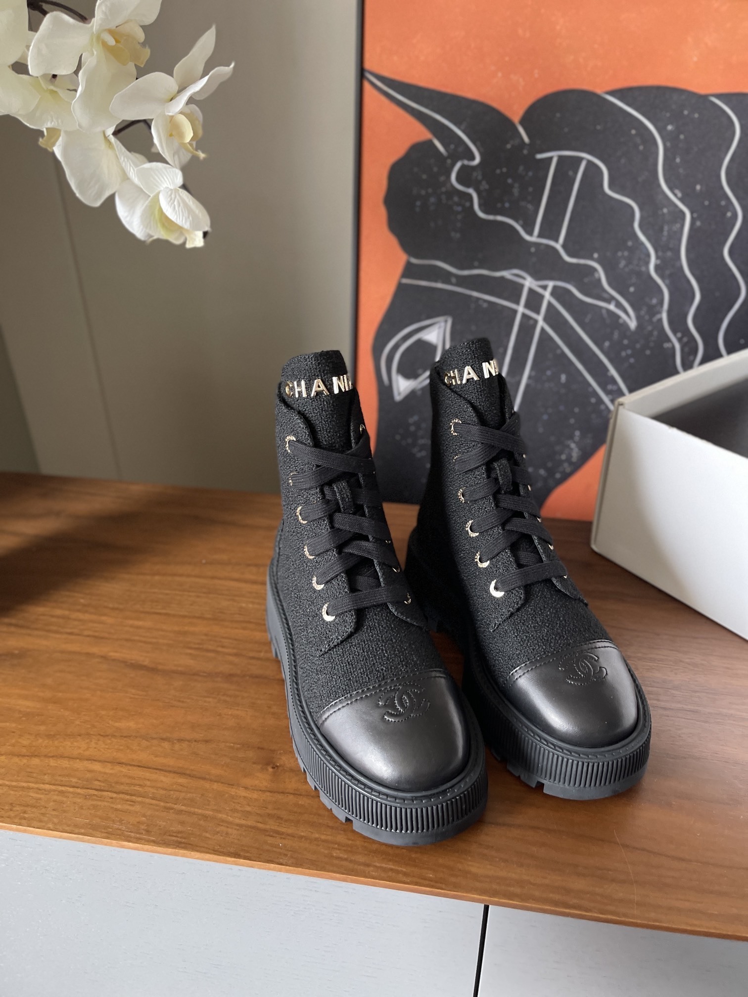 Chanel Black Tweed and Leather Lace-up Platform Combat Boots