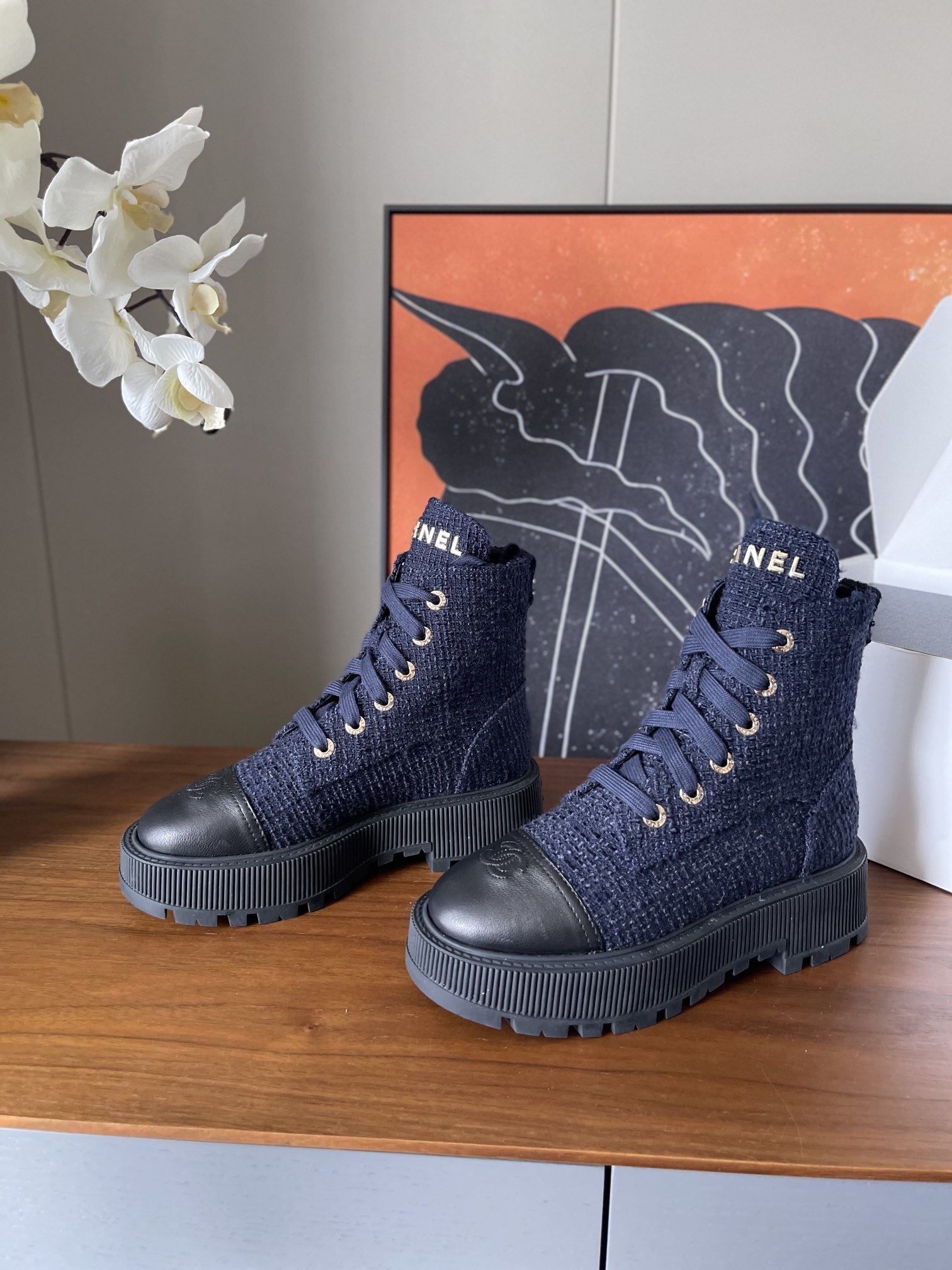 Chanel Navy Blue Tweed & Leather Lace-Up Combat Ankle Boots
