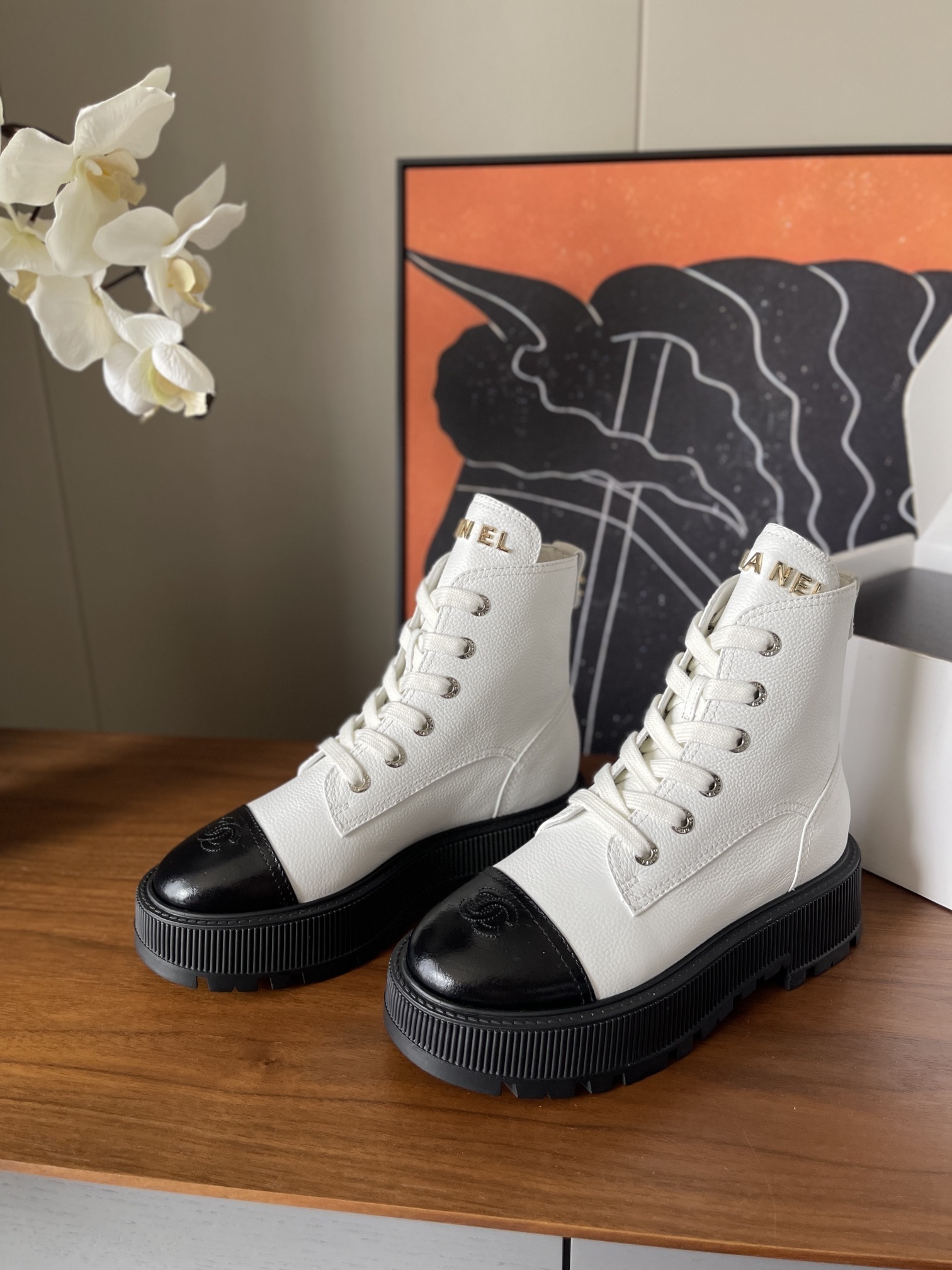 Chanel Two-Tone Leather Platform Combat Boots – White and Black
