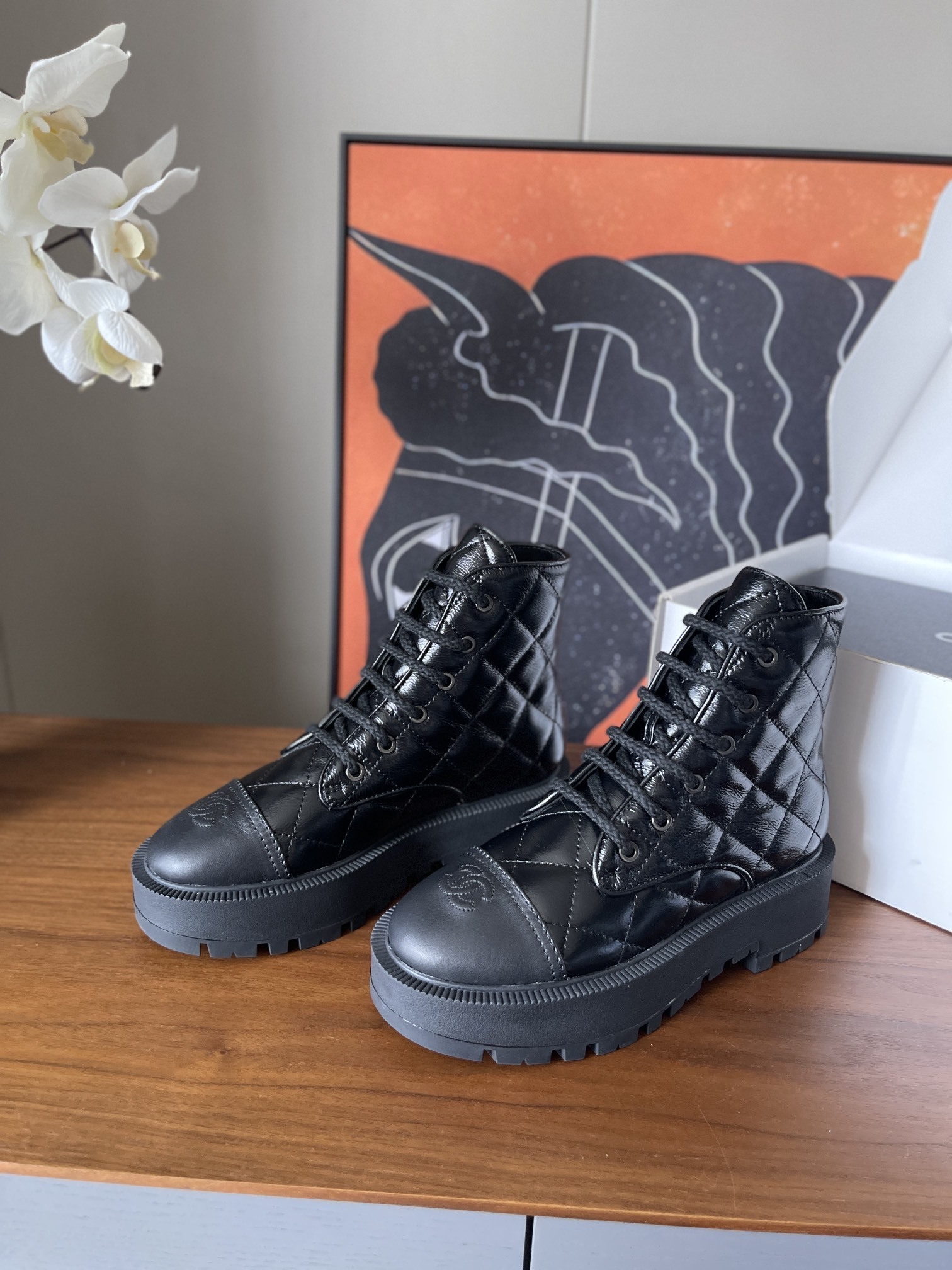Luxury Quilted Patent Leather Platform Combat Boots