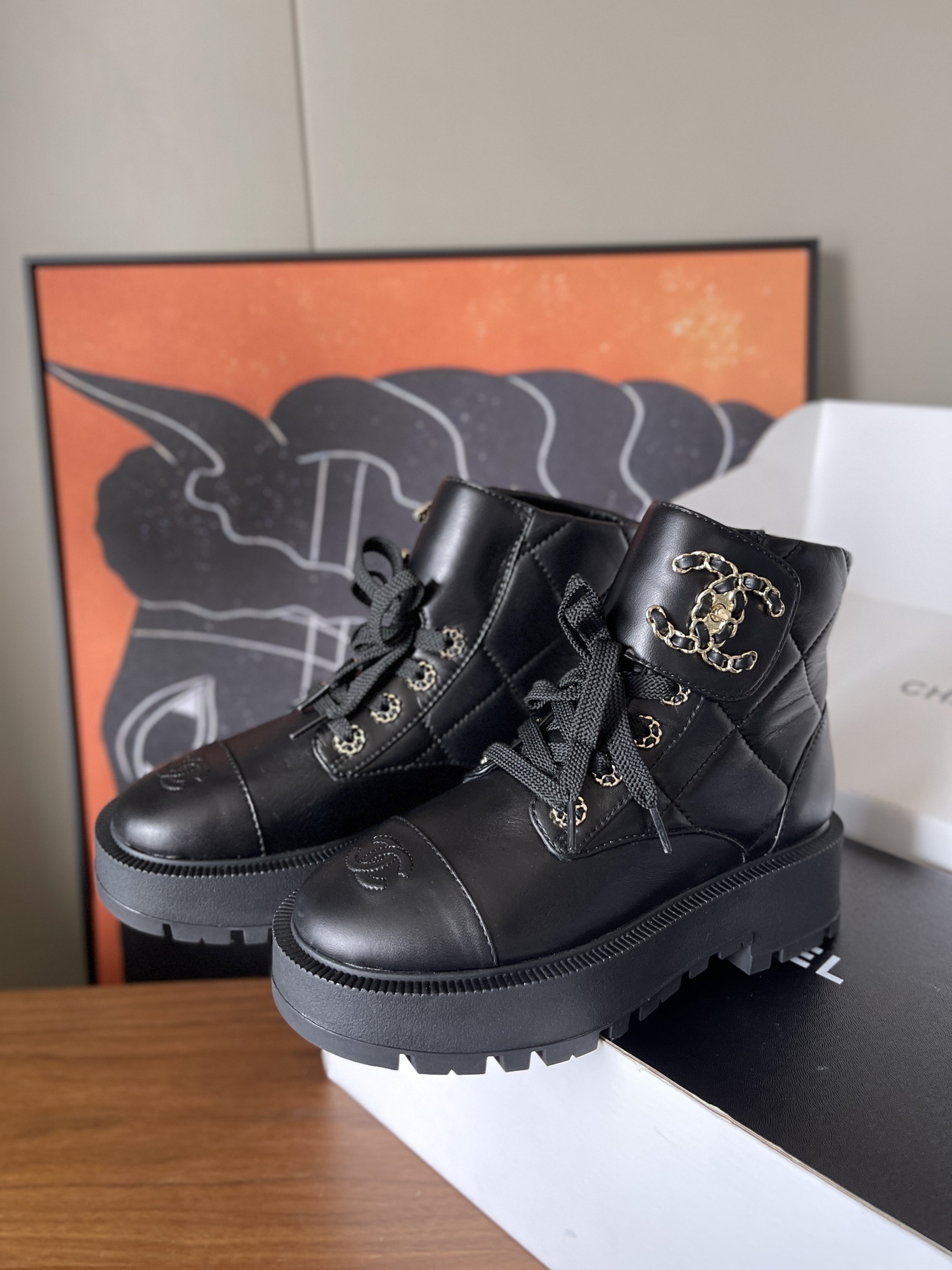 Chanel Quilted Black Leather Platform Combat Boots with CC Logo